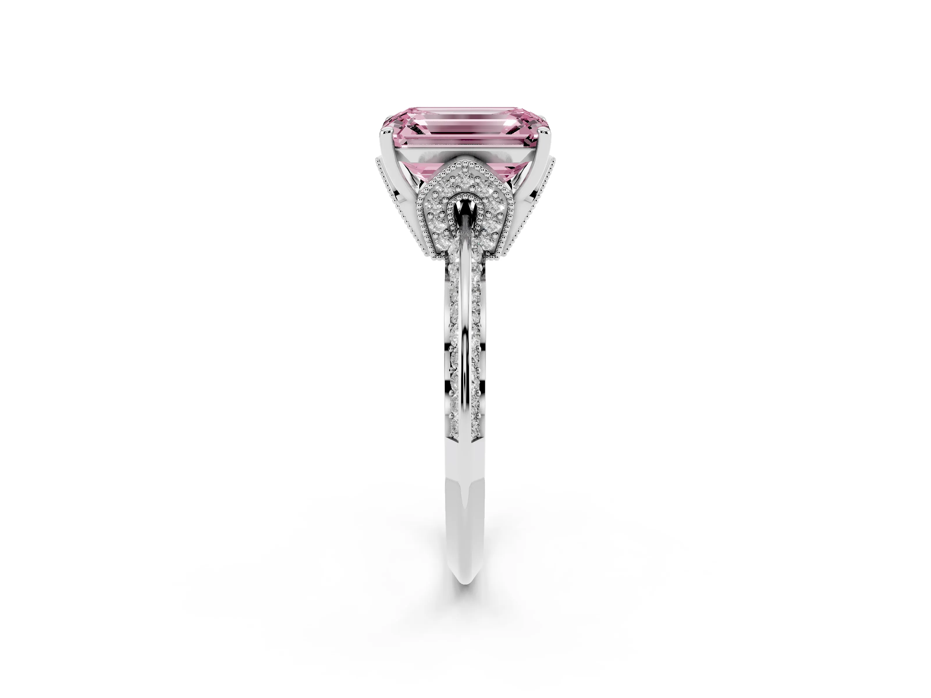 Fancy Pink Emerald Cut Diamond Solitaire Engagement Ring Set in White gold with Pavé Split Shank and Prong Setting