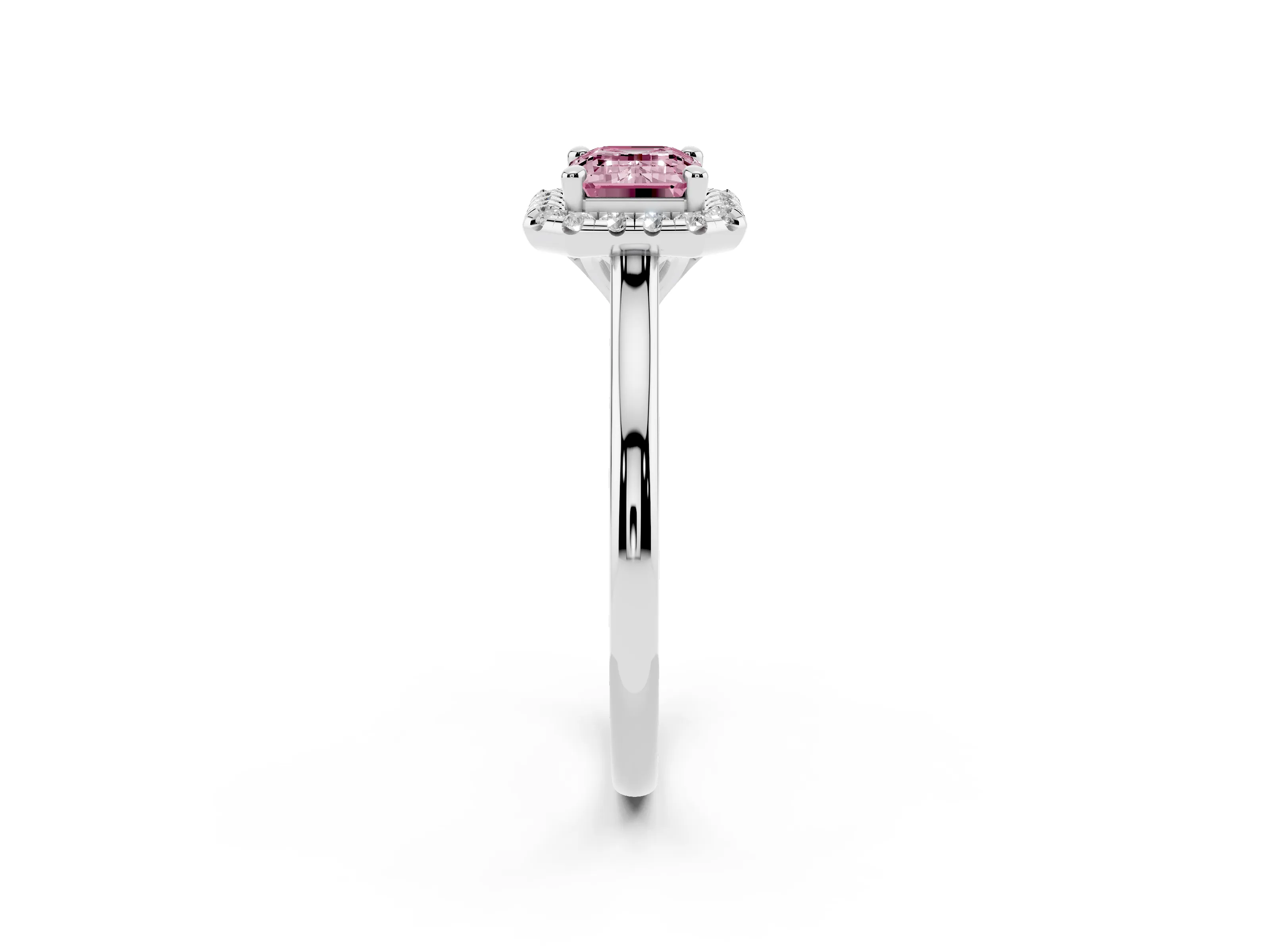 Fancy Pink Emerald Cut Diamond Halo Engagement Ring Set in White gold with Pavé Band and Rising Shoulders