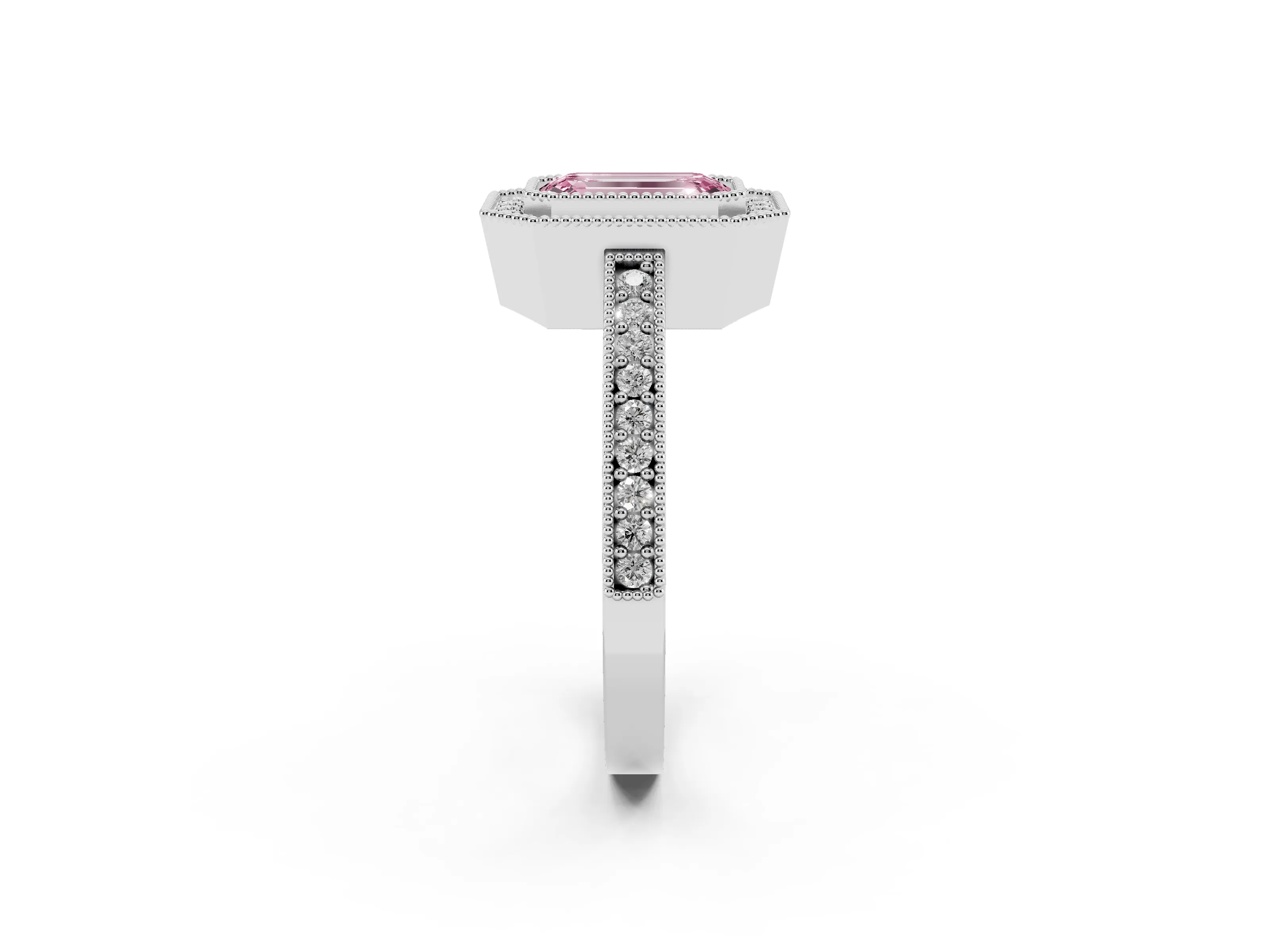 Fancy Pink Emerald Cut Diamond Halo Engagement Ring Set in White gold with Pavé Band and Round Halo Stones
