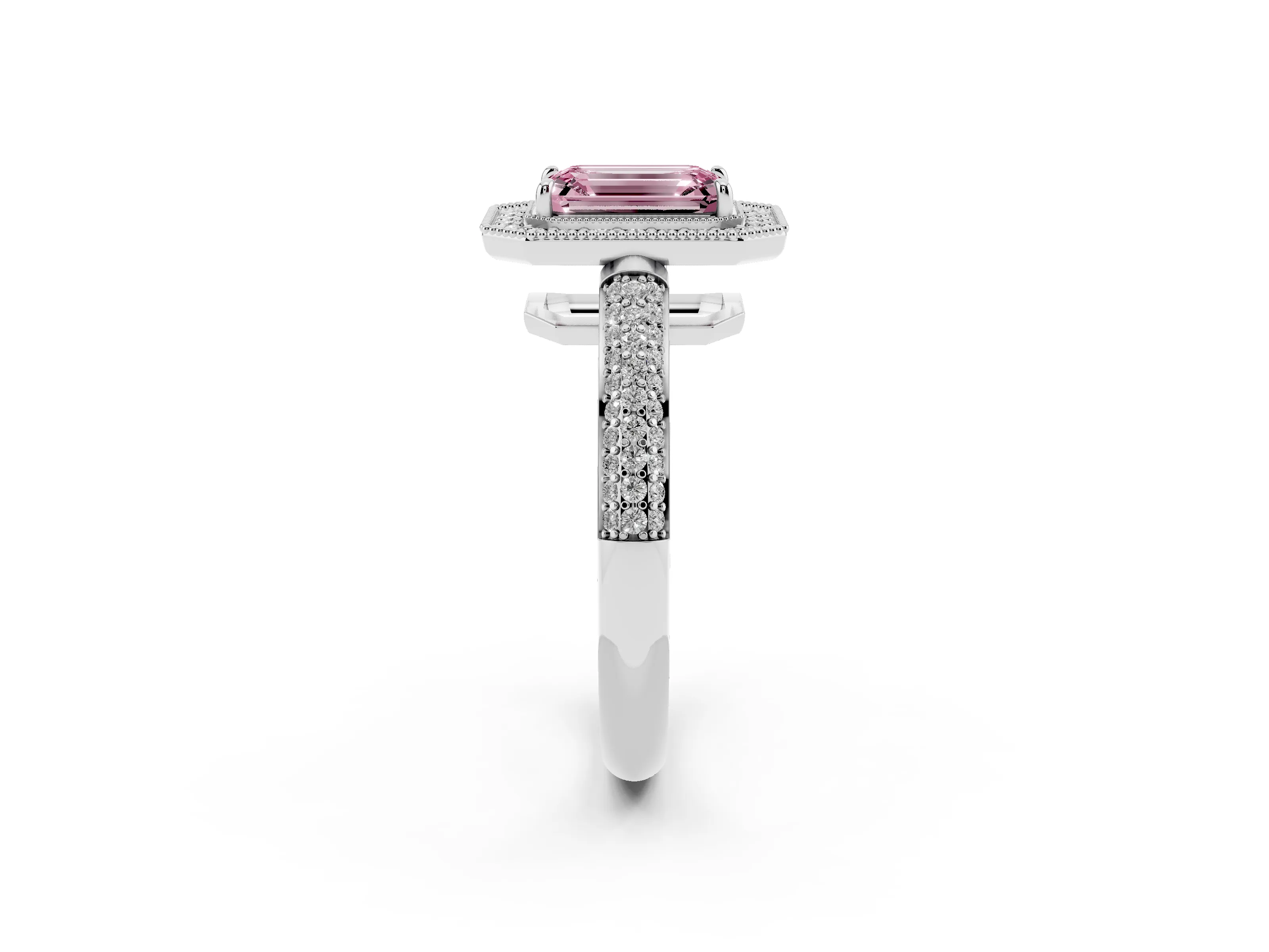 Fancy Pink Emerald Cut Diamond Halo Pavé Band Set in Silver with Prong Setting