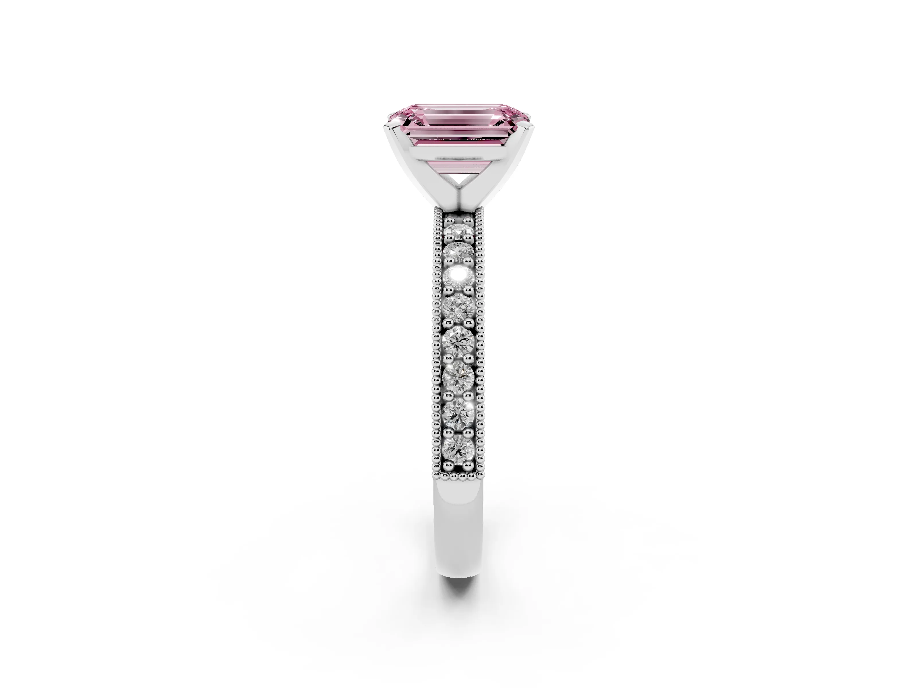 Fancy Pink Emerald Cut Diamond Milgrain Pavé Engagement Ring Set in Silver with Prong Setting