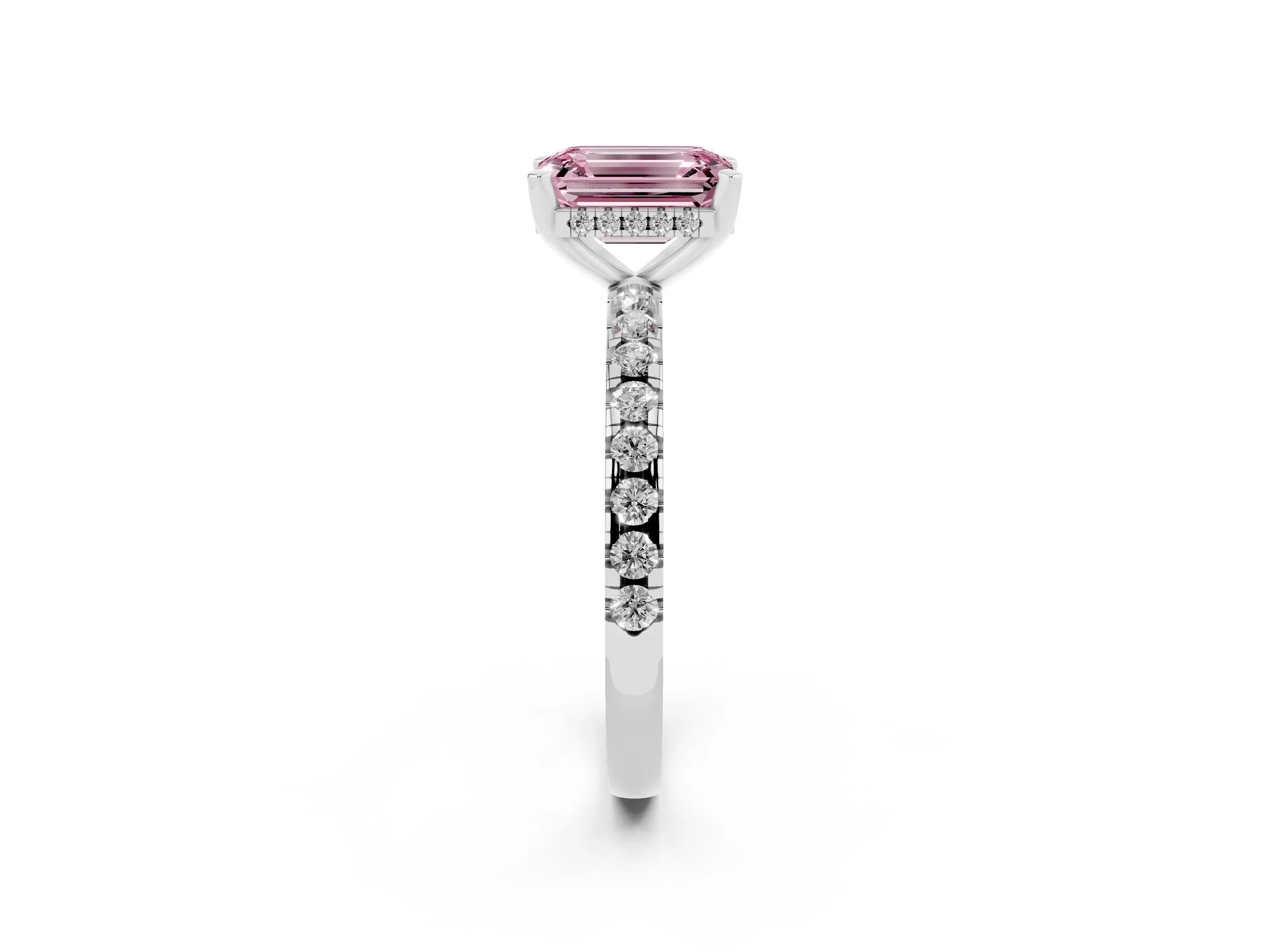 Fancy Pink Emerald Cut Diamond Pavé Solitaire Ring Set in Silver with Round Band Accents and Prong Setting
