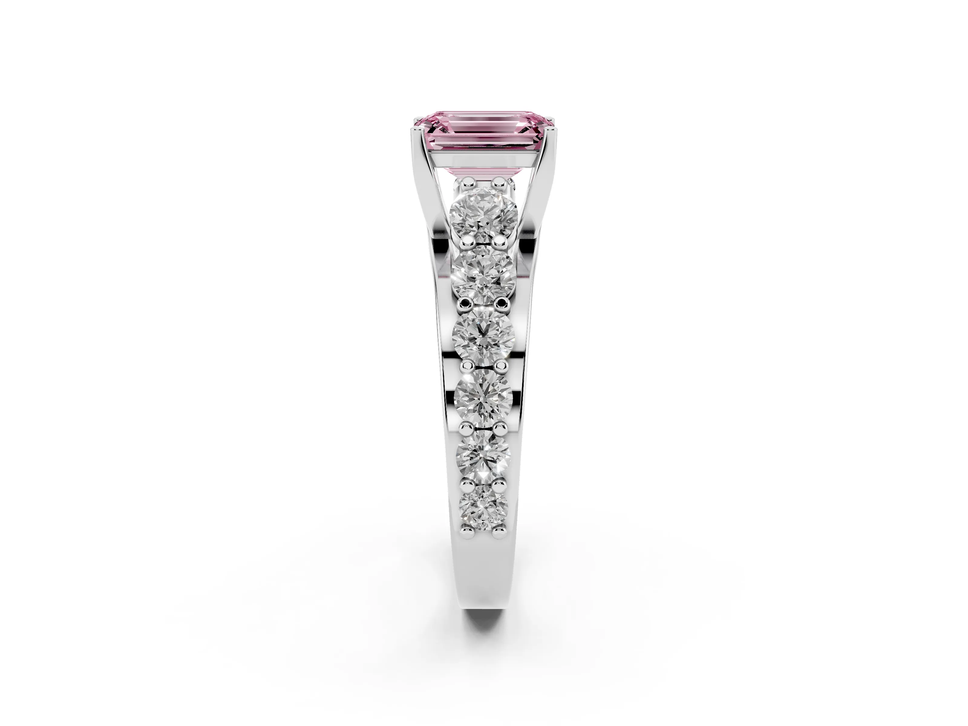 Fancy Pink Emerald Cut Diamond Pavé Engagement Ring Set in Silver with Prong Setting