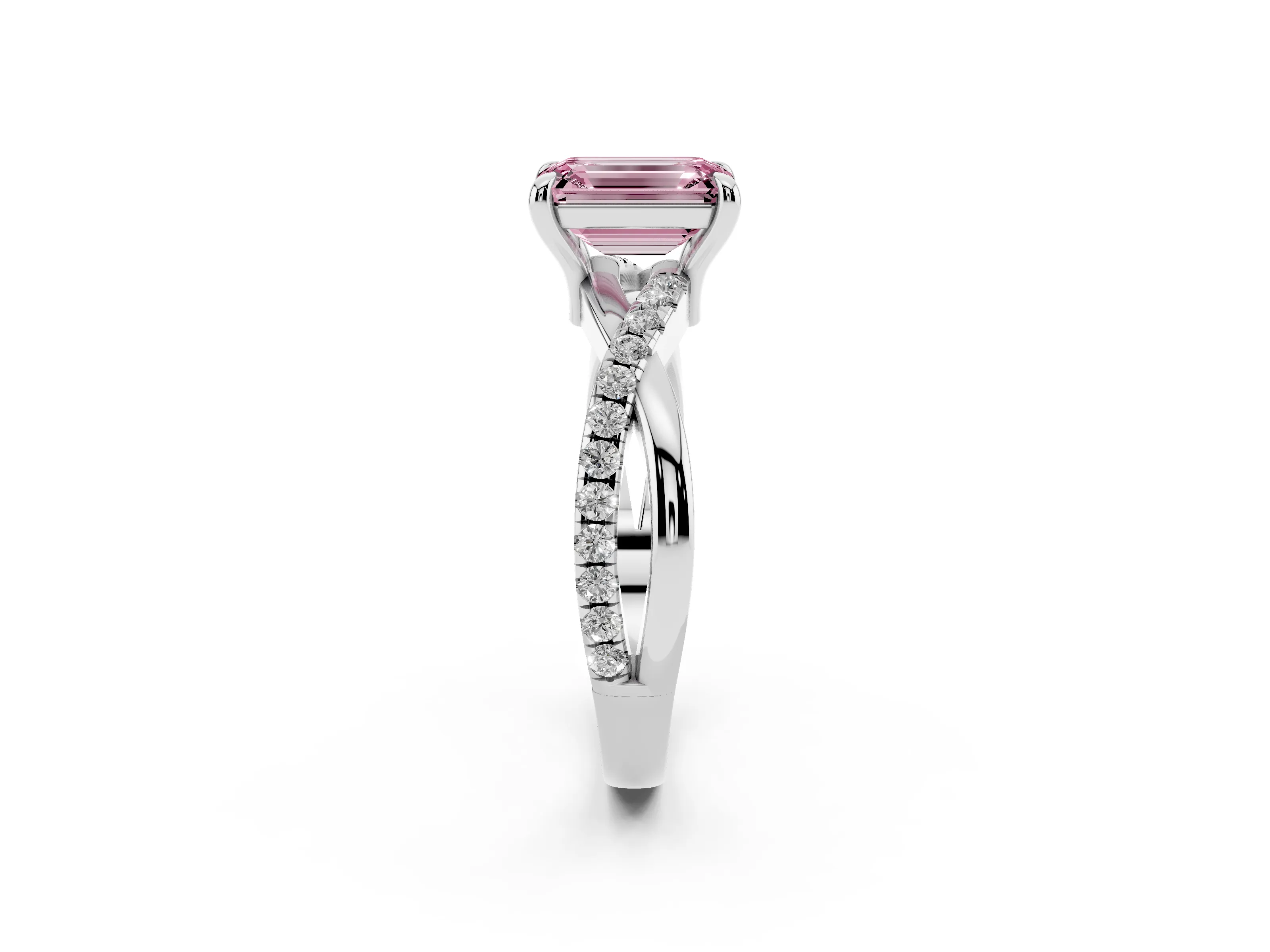 Fancy Pink Emerald Cut Diamond Twist Band Pavé Solitaire Ring Set in Platinum with Prong Setting