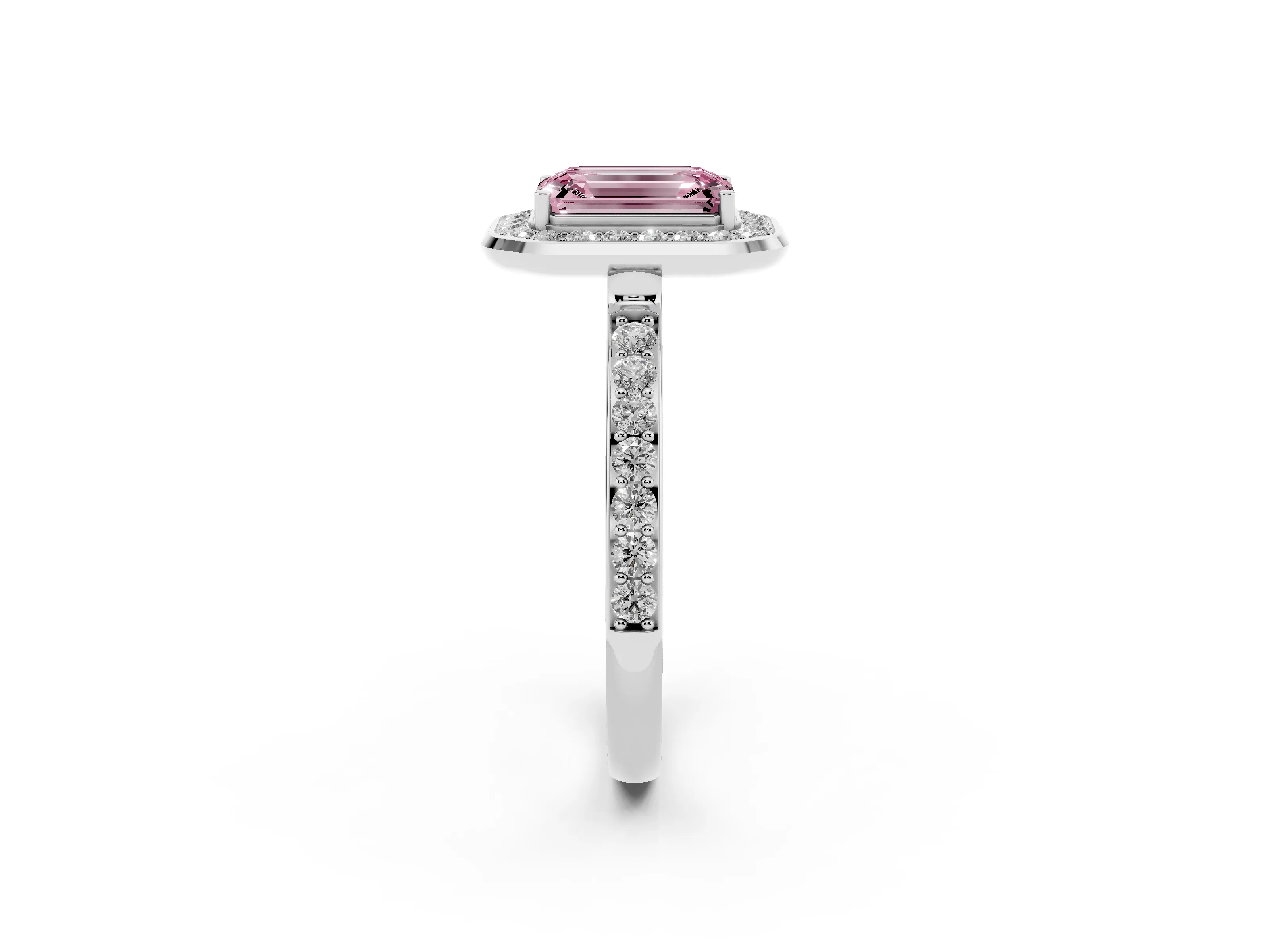 Fancy Pink Emerald Cut Diamond Halo Ring Set in White gold with Bezel Frame and Pavé Band