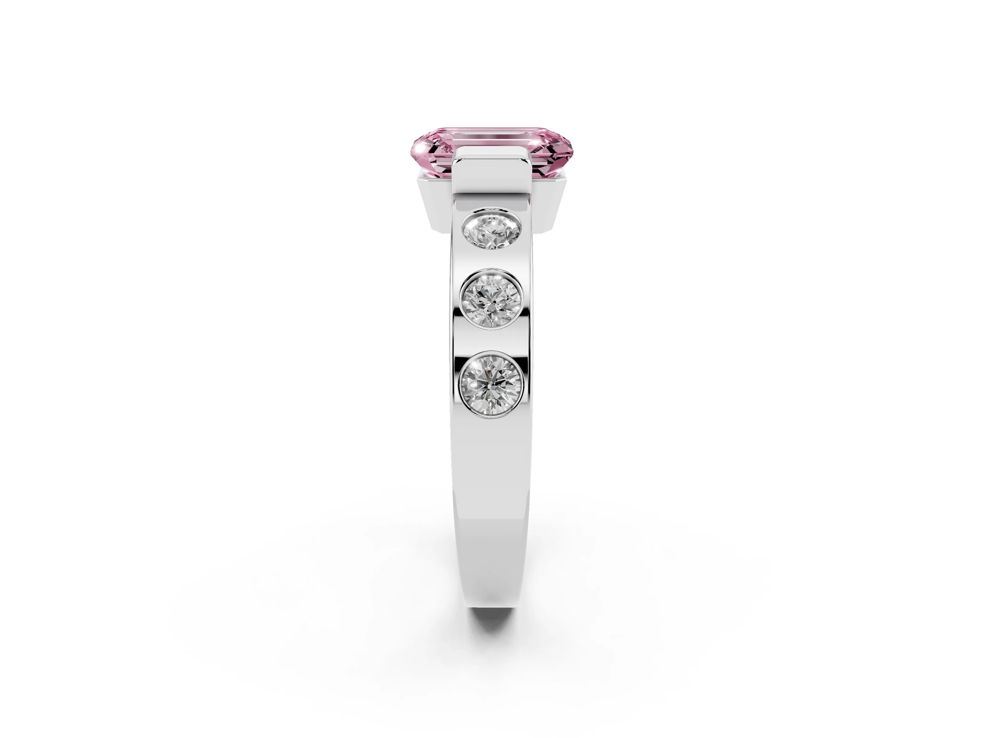 Fancy Pink Emerald Cut Diamond Channel-Set Band Ring Set in Platinum with Bezel Prong Setting