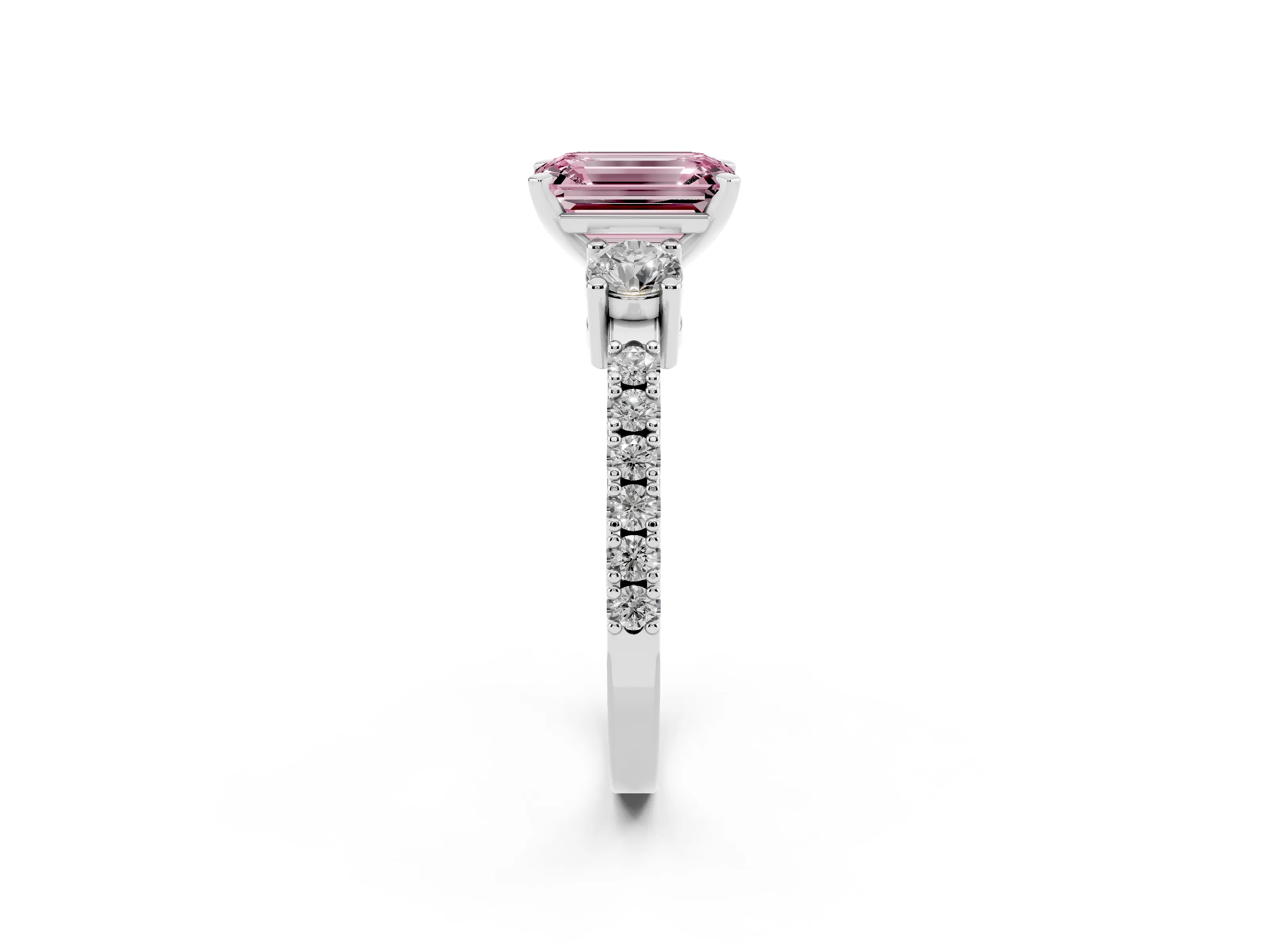 Fancy Pink Three-Stone Emerald Cut Diamond Pavé Band Ring Set in Platinum with Prong Setting