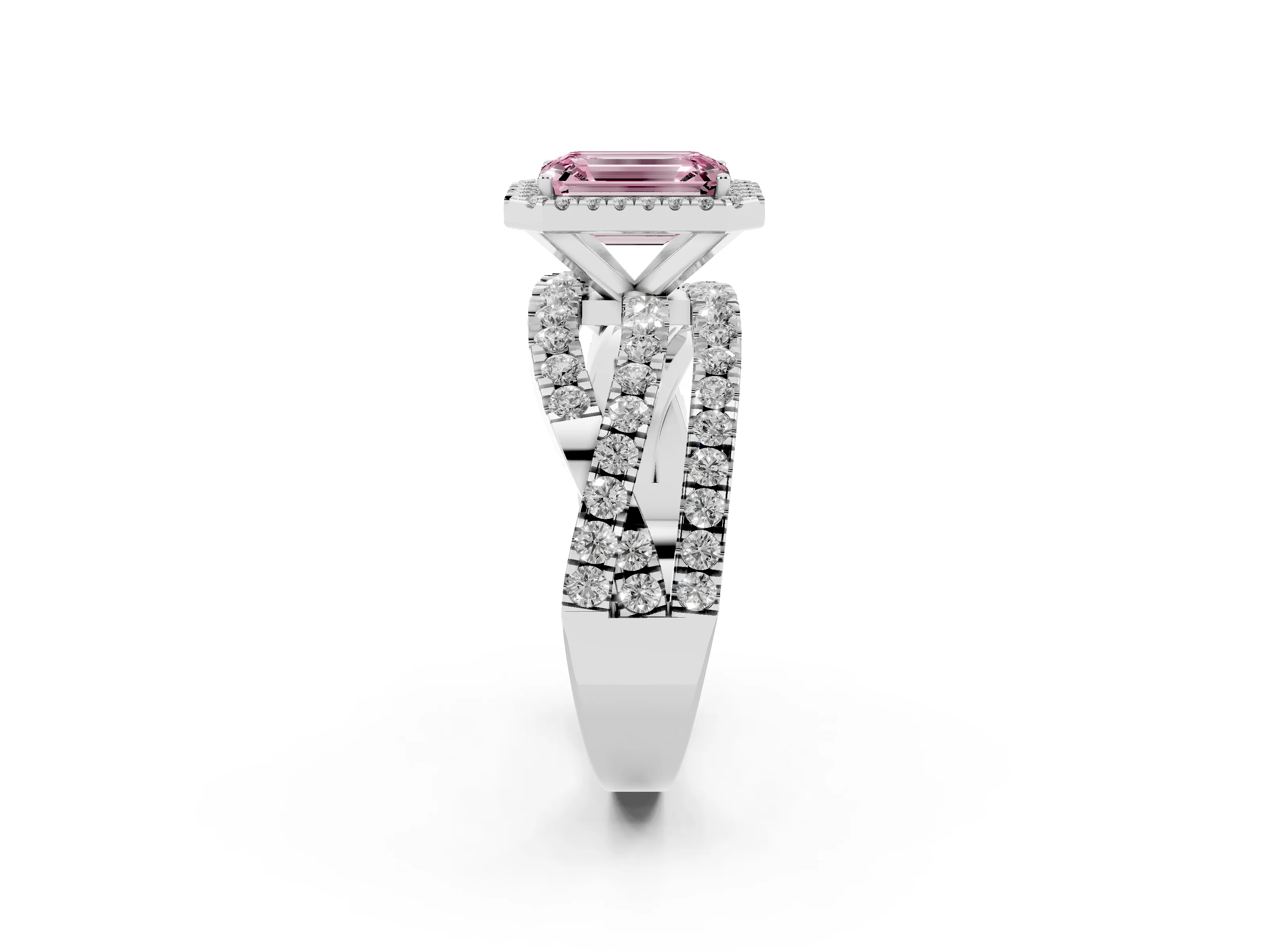 Fancy Pink Emerald Cut Diamond Halo Ring Set in Platinum with Round Crossover Split Shank and Prong Setting