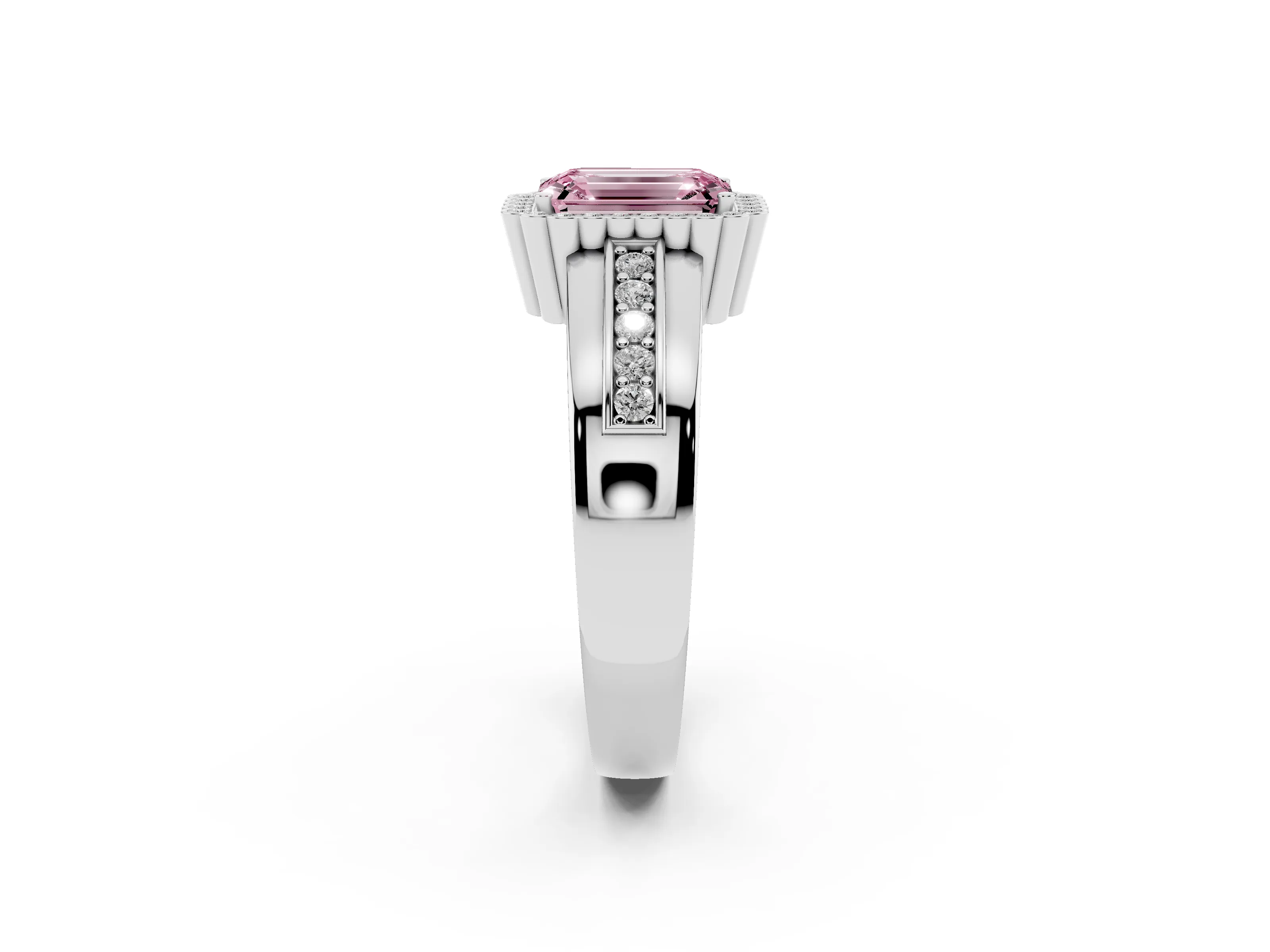 Fancy Pink Emerald Cut Diamond Halo Prong Ring Set in Silver with Pavé Band