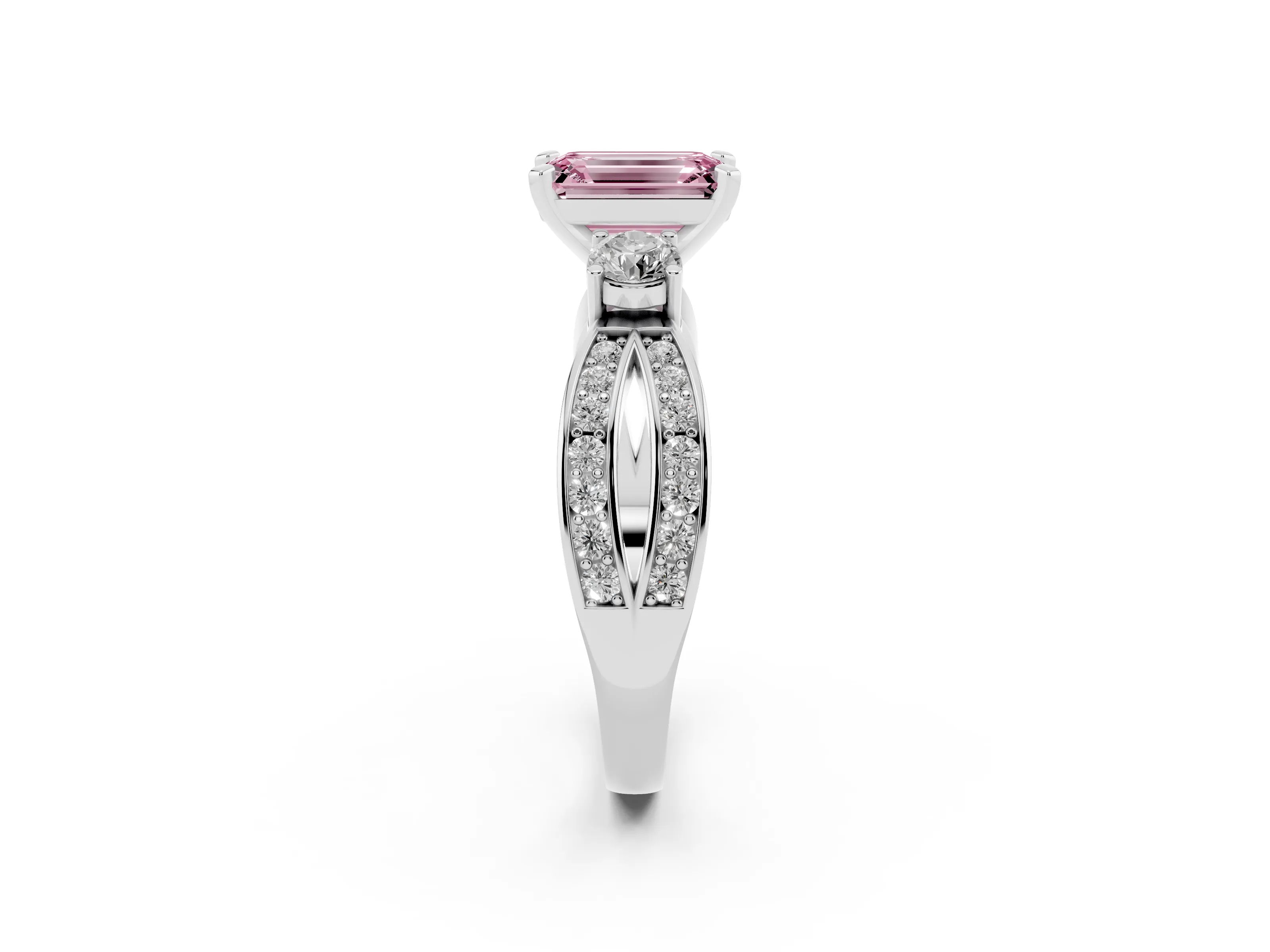 Fancy Pink Three-Stone Emerald Cut Diamond Twist Band Ring Set in Silver with Pavé Accents and Prong Setting