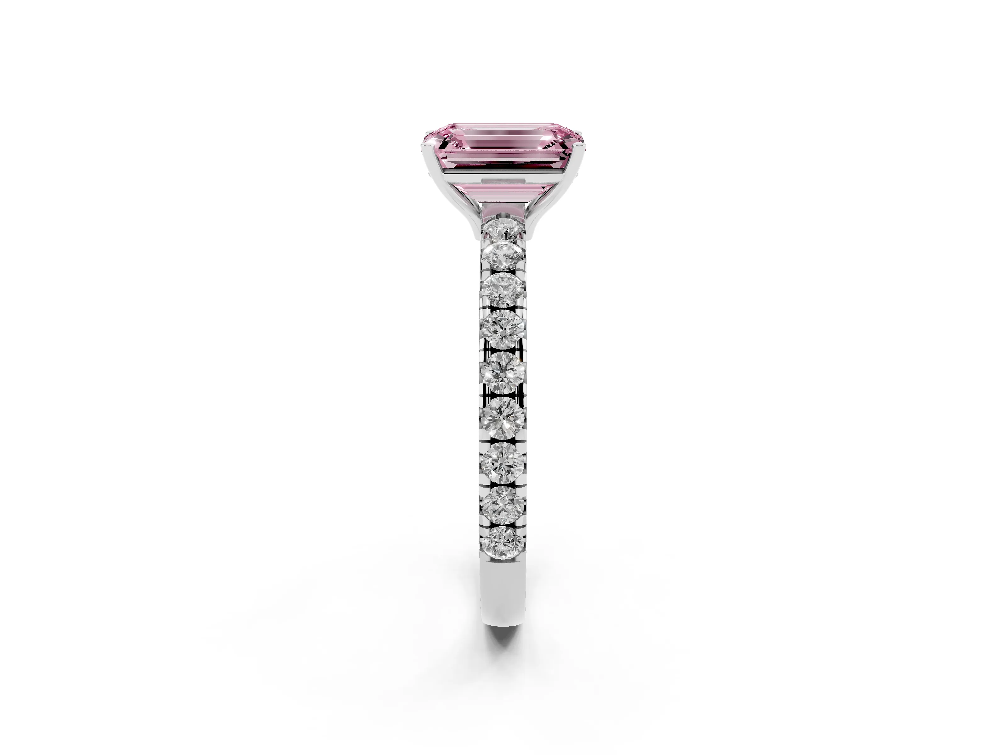 Fancy Pink Emerald Cut Diamond Pavé Solitaire Engagement Ring Set in Platinum with Prong Setting
