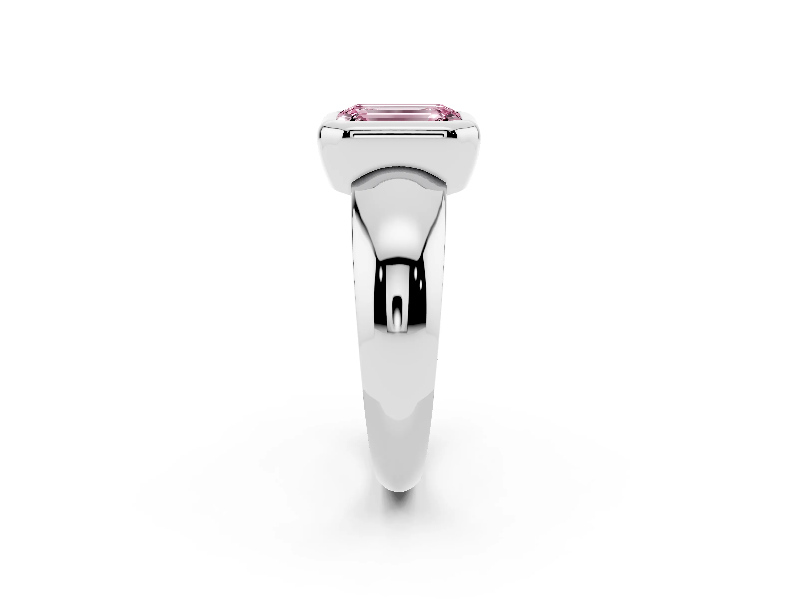 Fancy Pink Bezel Set Emerald Cut Diamond Solitaire Ring Set in Silver with Wide Band