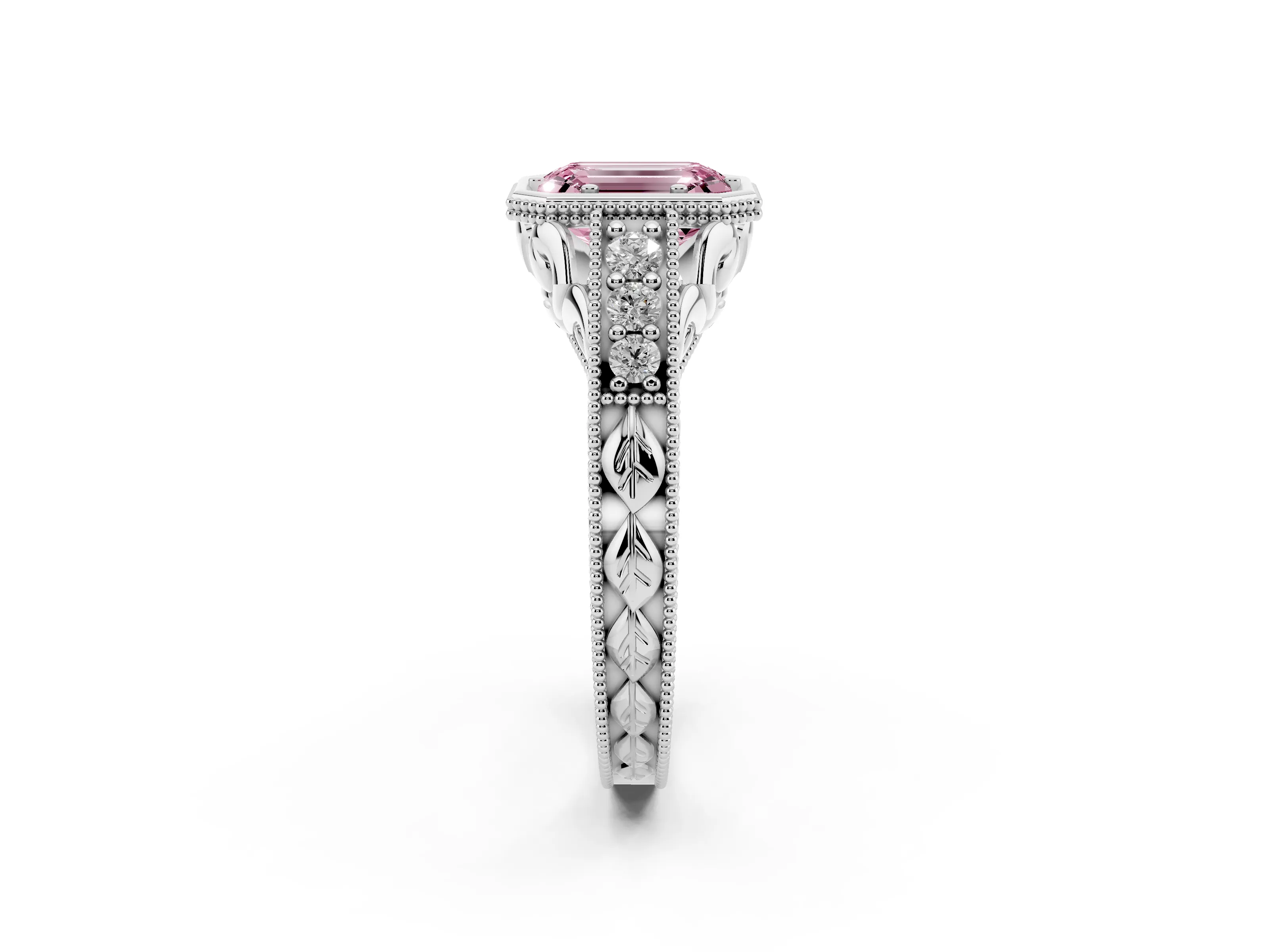 Fancy Pink Bezel Set Emerald Cut Diamond Milgrain Pavé Engagement Ring Set in Platinum