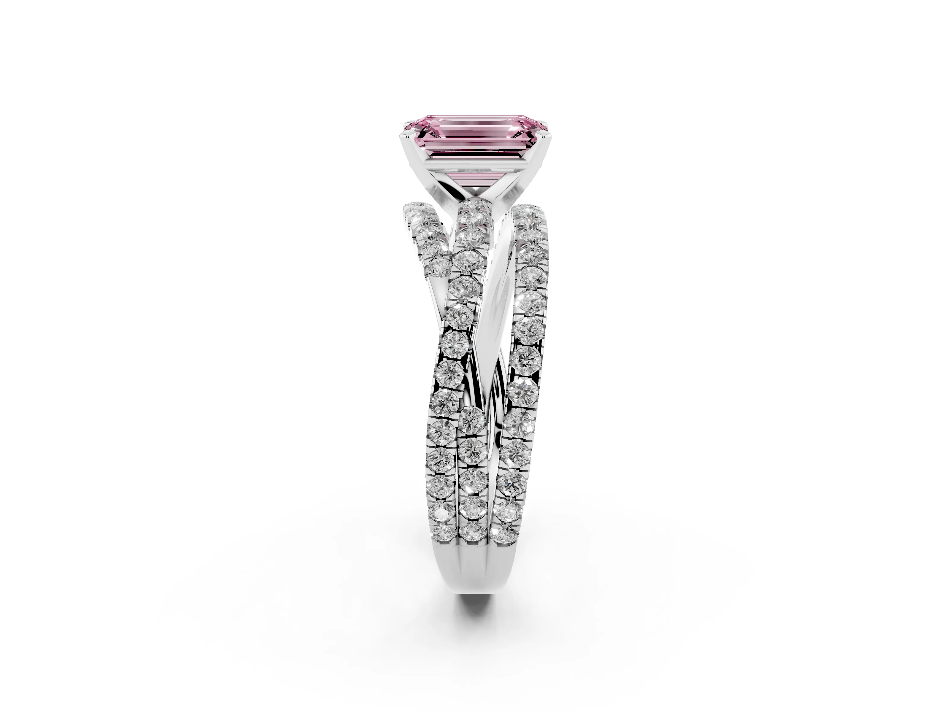 Fancy Pink Emerald Cut Diamond Solitaire Twist Band Ring Set in Silver with Pavé Setting and Prong Head