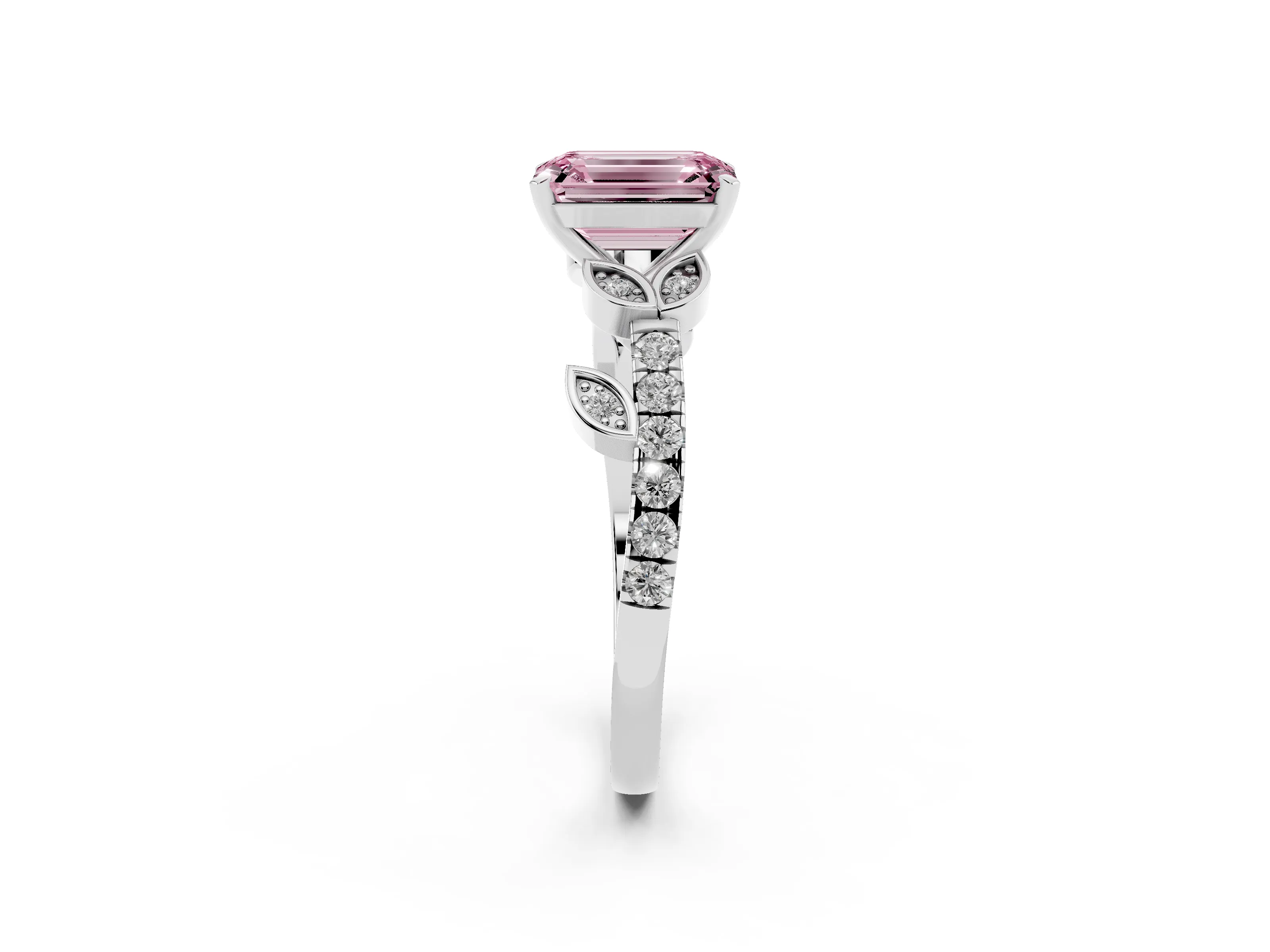 Fancy Pink Emerald Cut Diamond Solitaire Leaf-Inspired Ring Set in Platinum with Pavé Band and Prong Setting