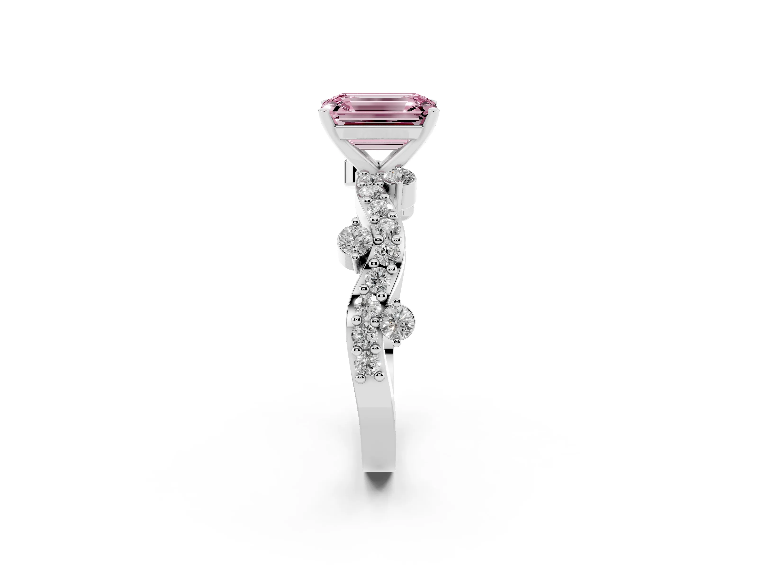 Fancy Pink Emerald Cut Diamond Solitaire Twisted Band Set in Silver with Pavé Setting