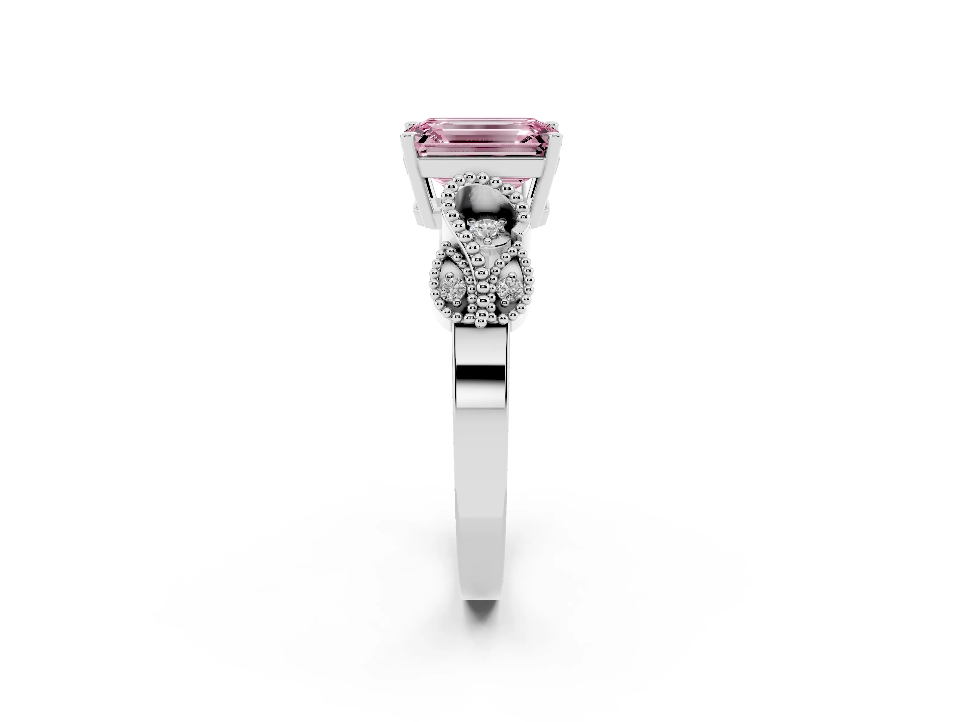 Fancy Pink Emerald Cut Diamond Milgrain Leaf Band Solitaire Ring Set in White gold with Accent Stones and Prong Setting