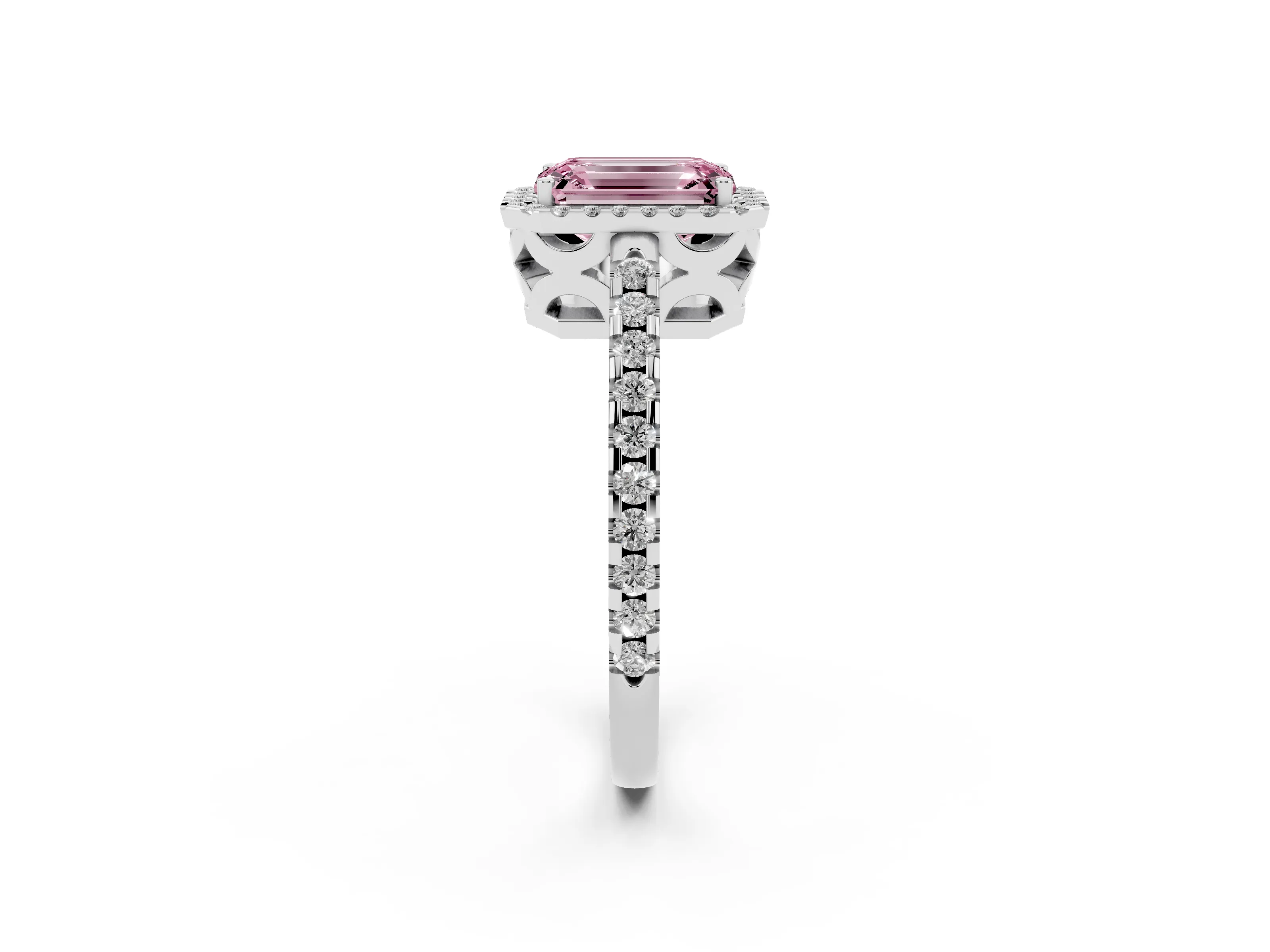 Fancy Pink Emerald Cut Diamond Halo Ring Set in White gold with Pavé Shoulders and Halo-Framed Center