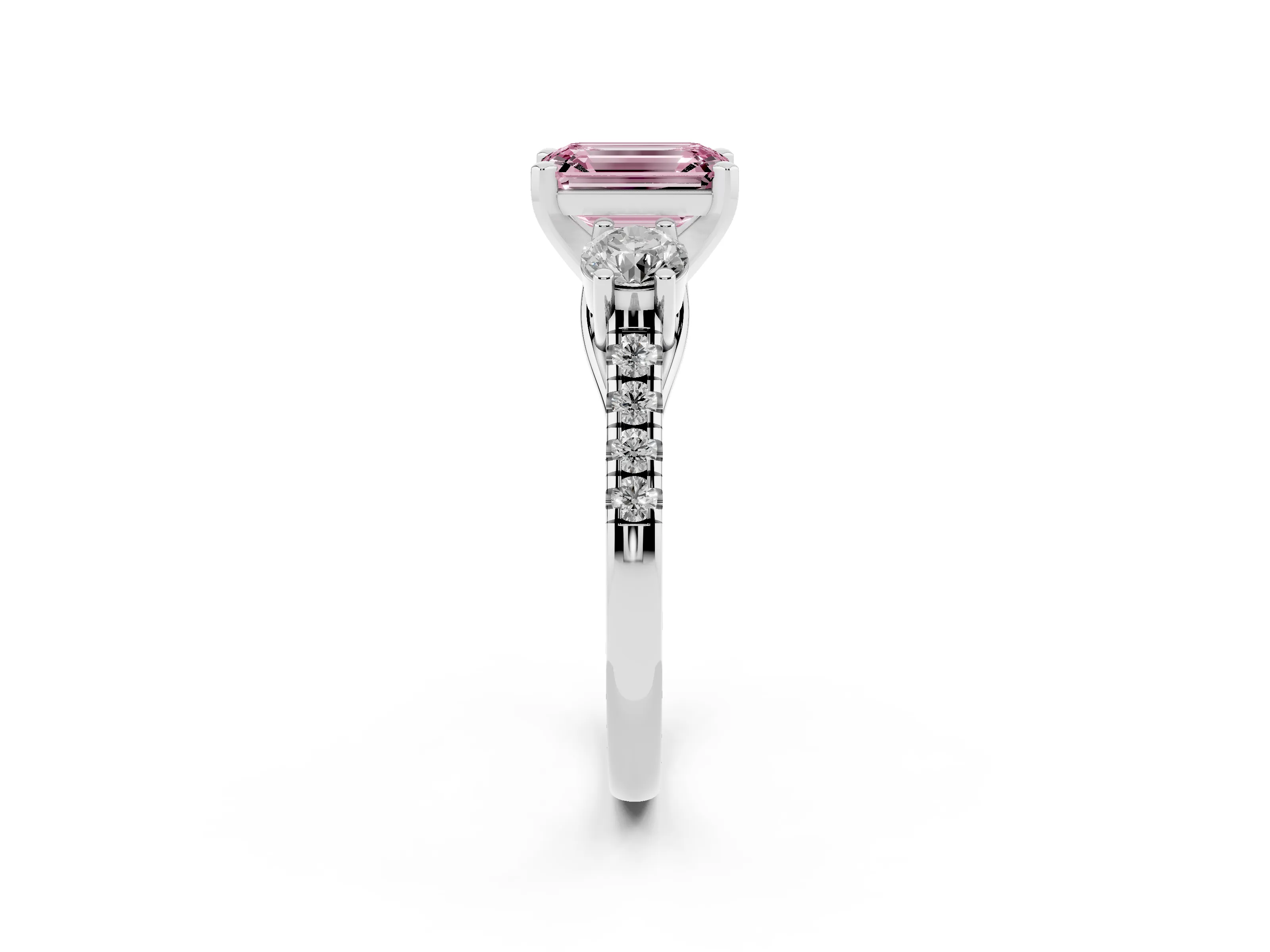 Fancy Pink Three-Stone Emerald Cut Diamond Pavé Band Ring Set in Silver with Prong-Set Trio