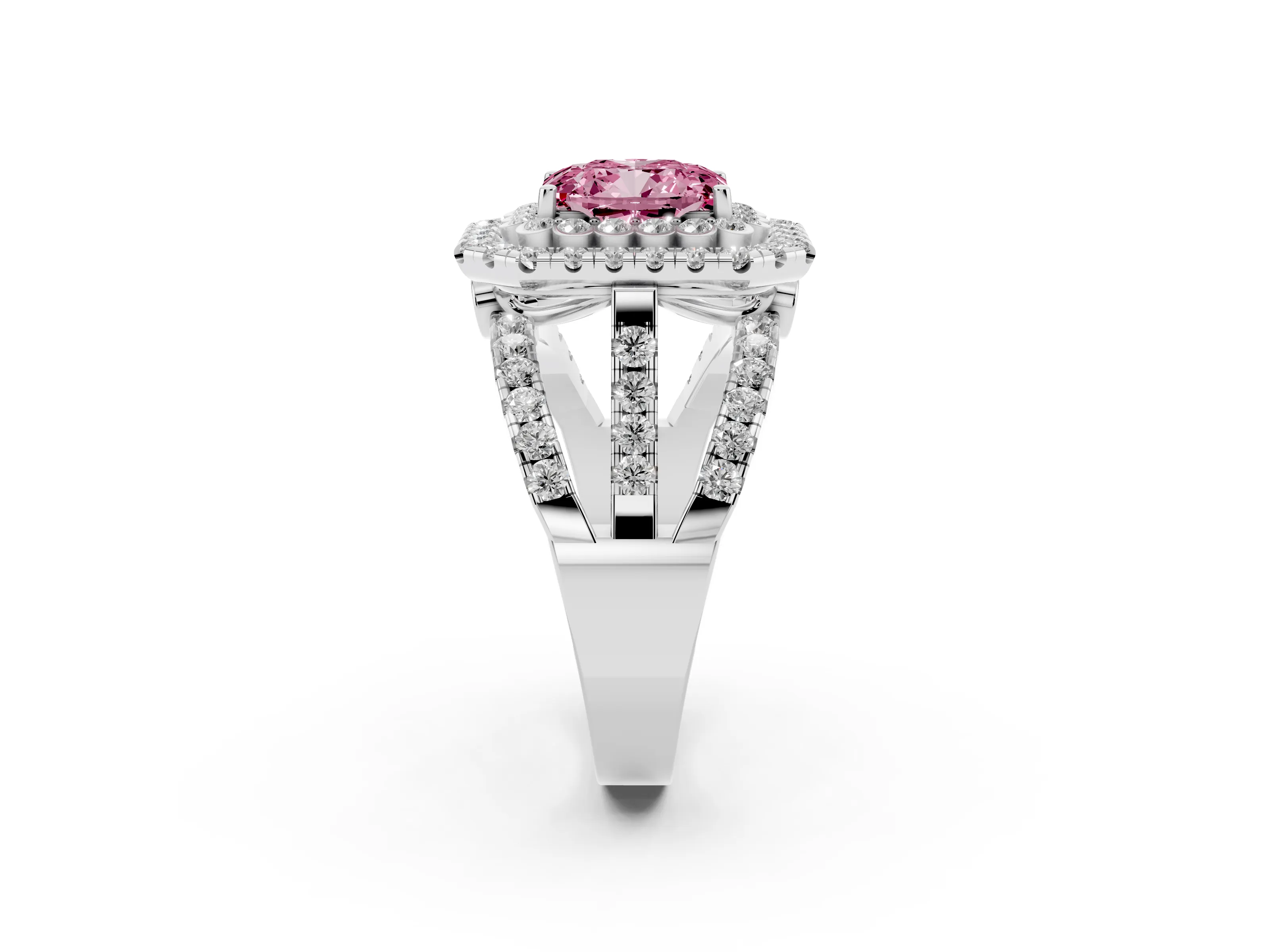 Fancy Pink Emerald Cut Diamond Double Halo Ring Set in Silver with Round Pavé Split Shank