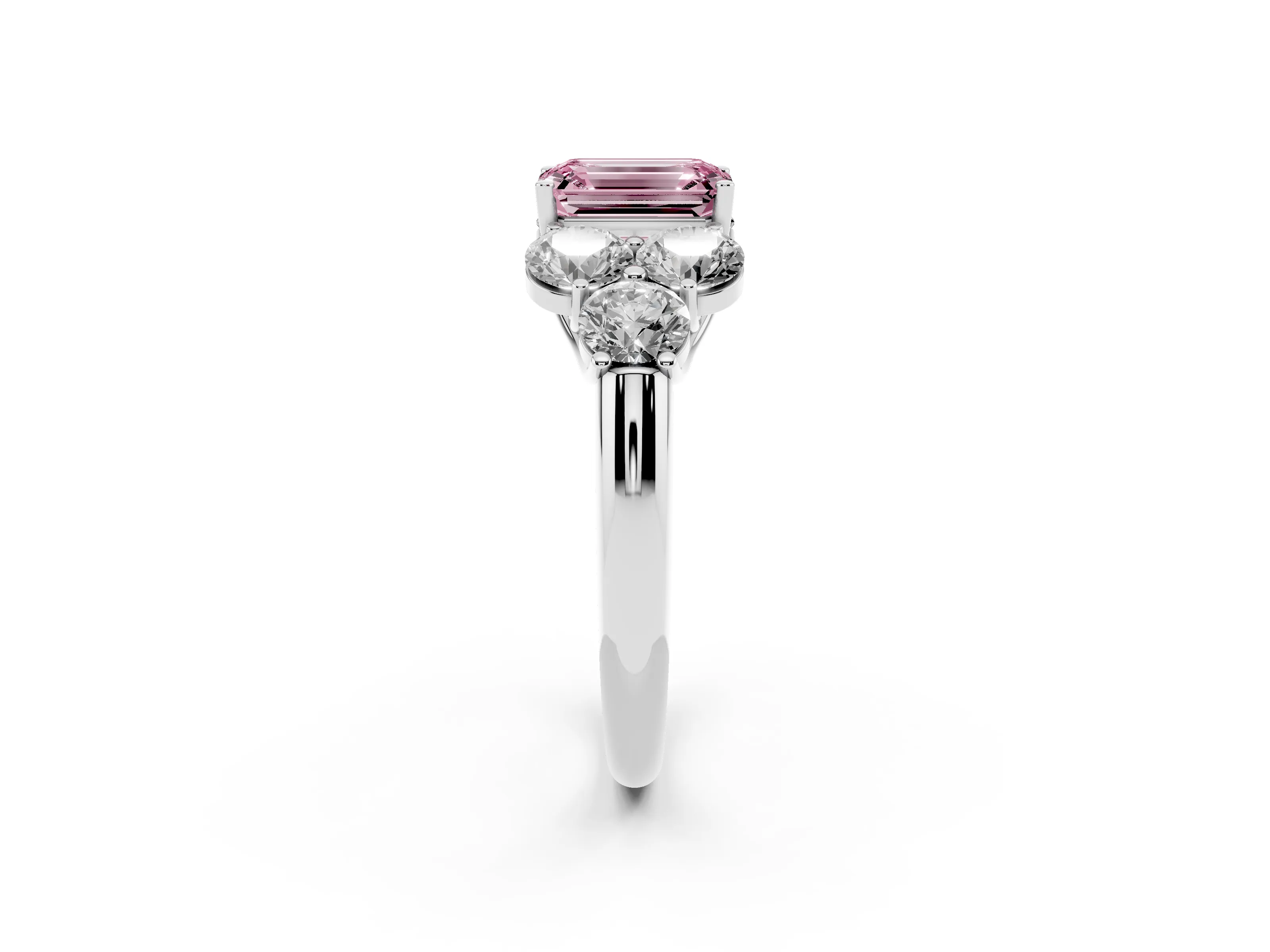 Fancy Pink Emerald Cut Diamond Cluster Ring Set in Silver with Round Accent Stones and Prong Setting on a Plain Band