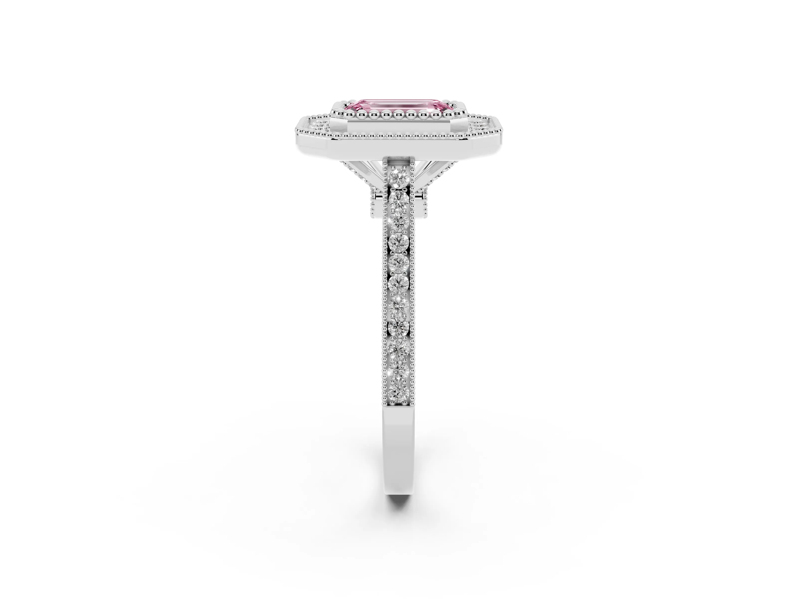 Fancy Pink Emerald Cut Diamond Halo Ring Set in White gold with Milgrain Frame and Pavé Band