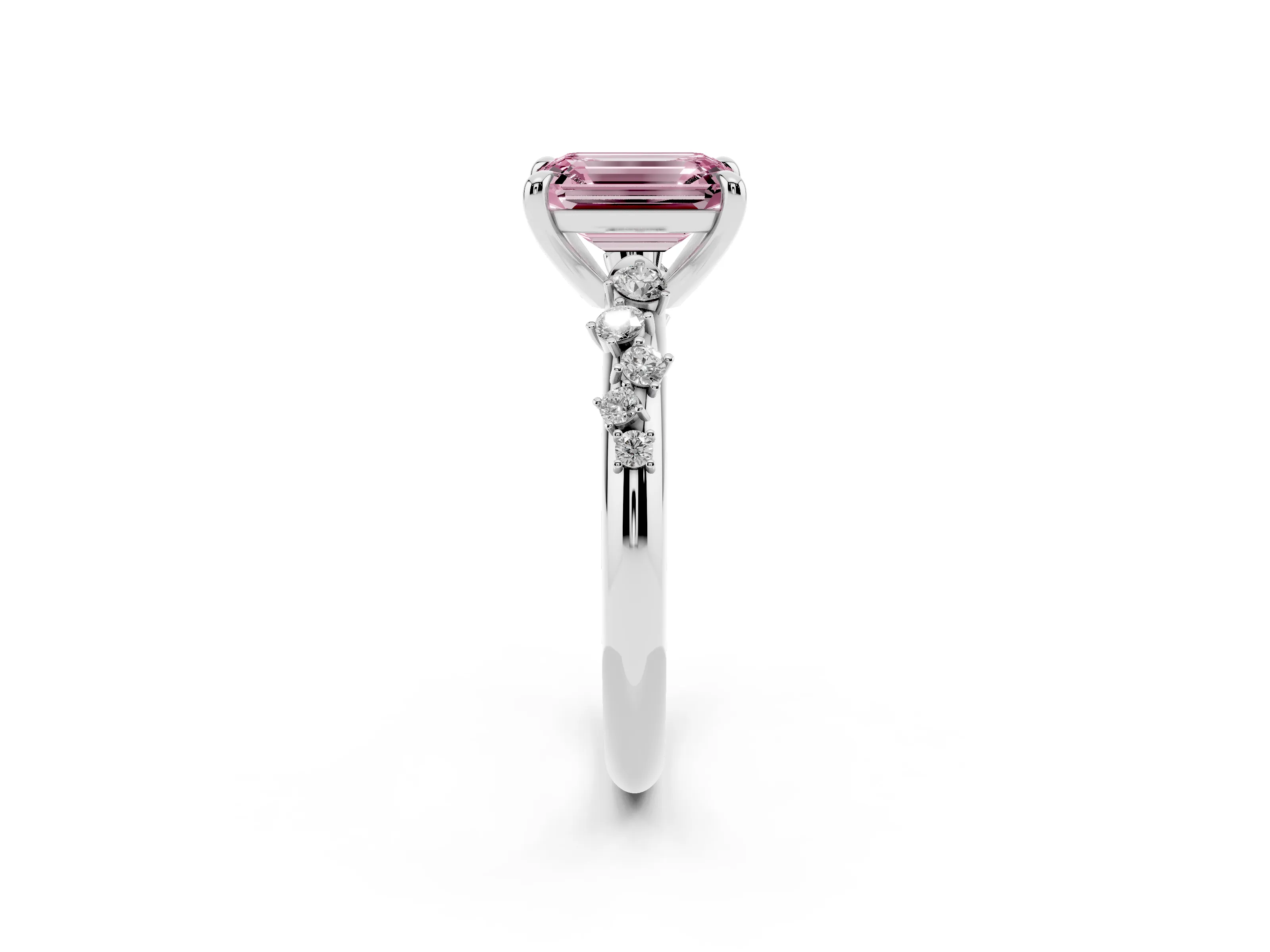 Fancy Pink Emerald Cut Diamond Solitaire Vine Band Ring Set in Silver with Round Accents and Prong Setting