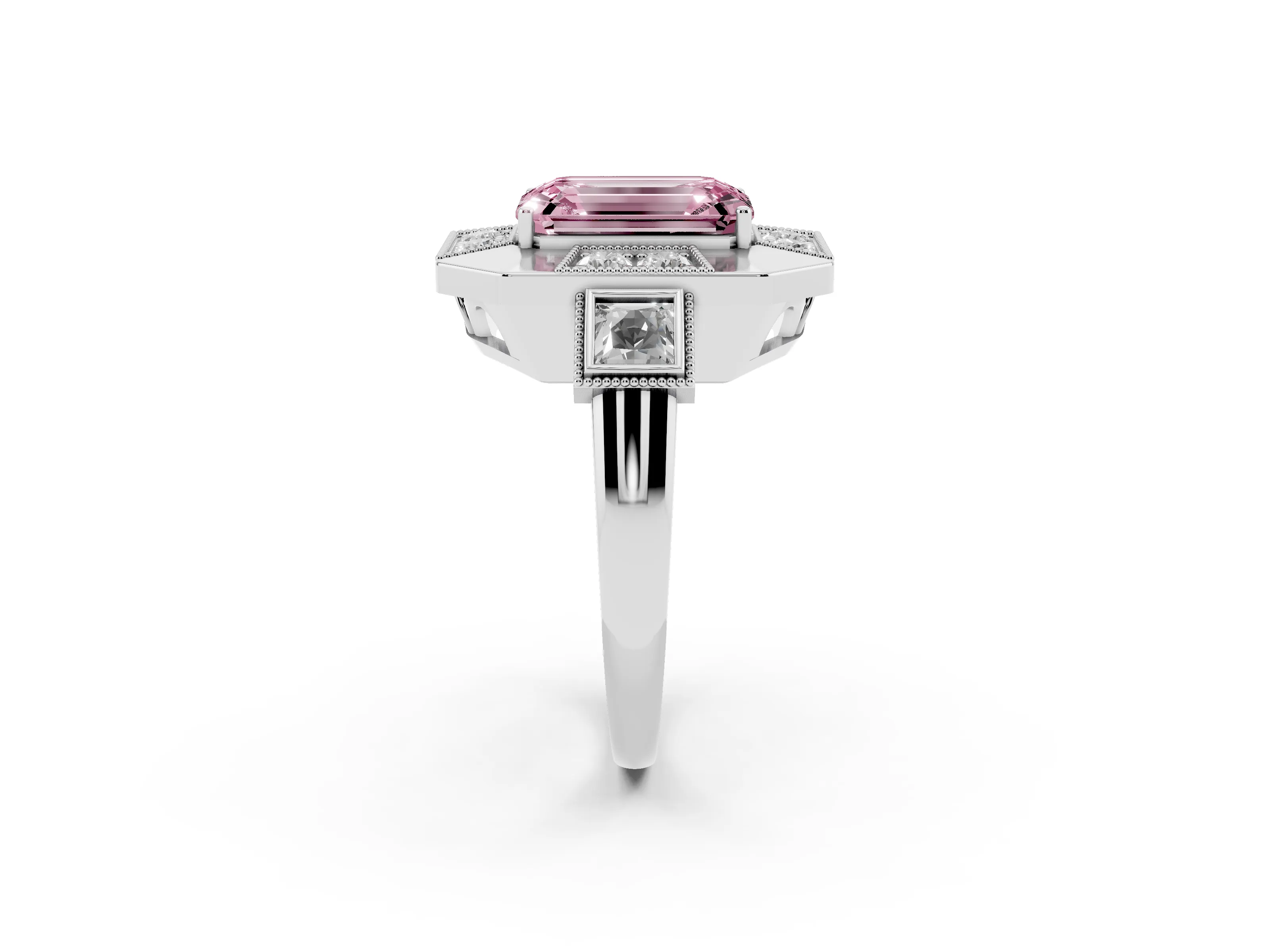 Fancy Pink Emerald Cut Diamond Milgrain Halo Ring Set in Silver with Split Shank