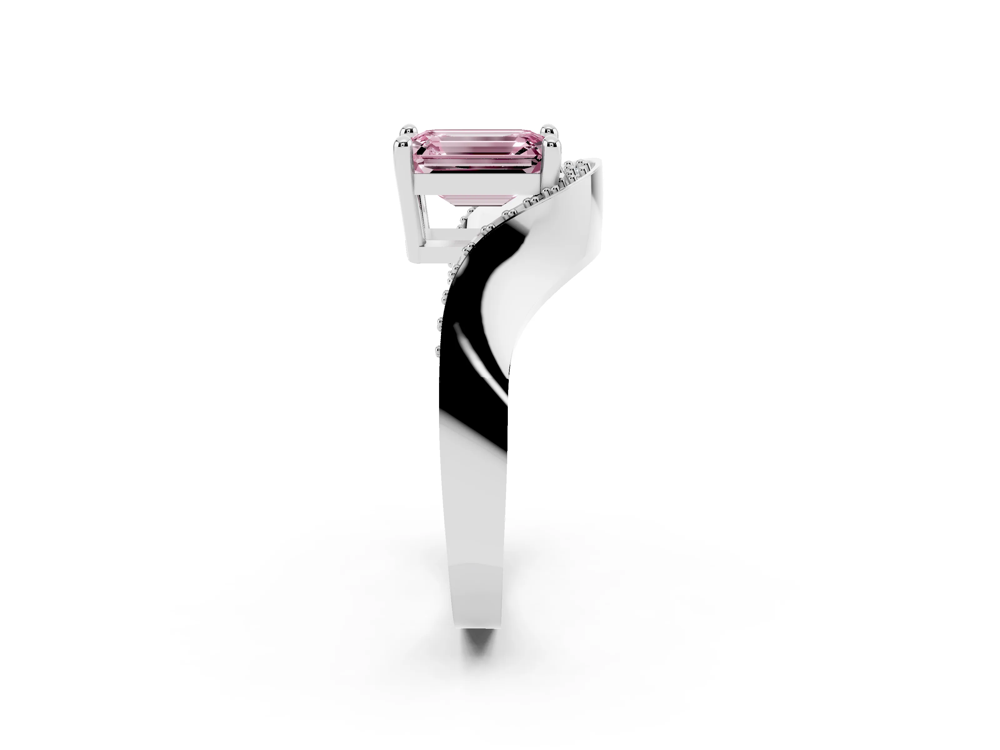 Fancy Pink Emerald Cut Diamond Solitaire Engagement Ring Set in Silver with Pavé Shoulders