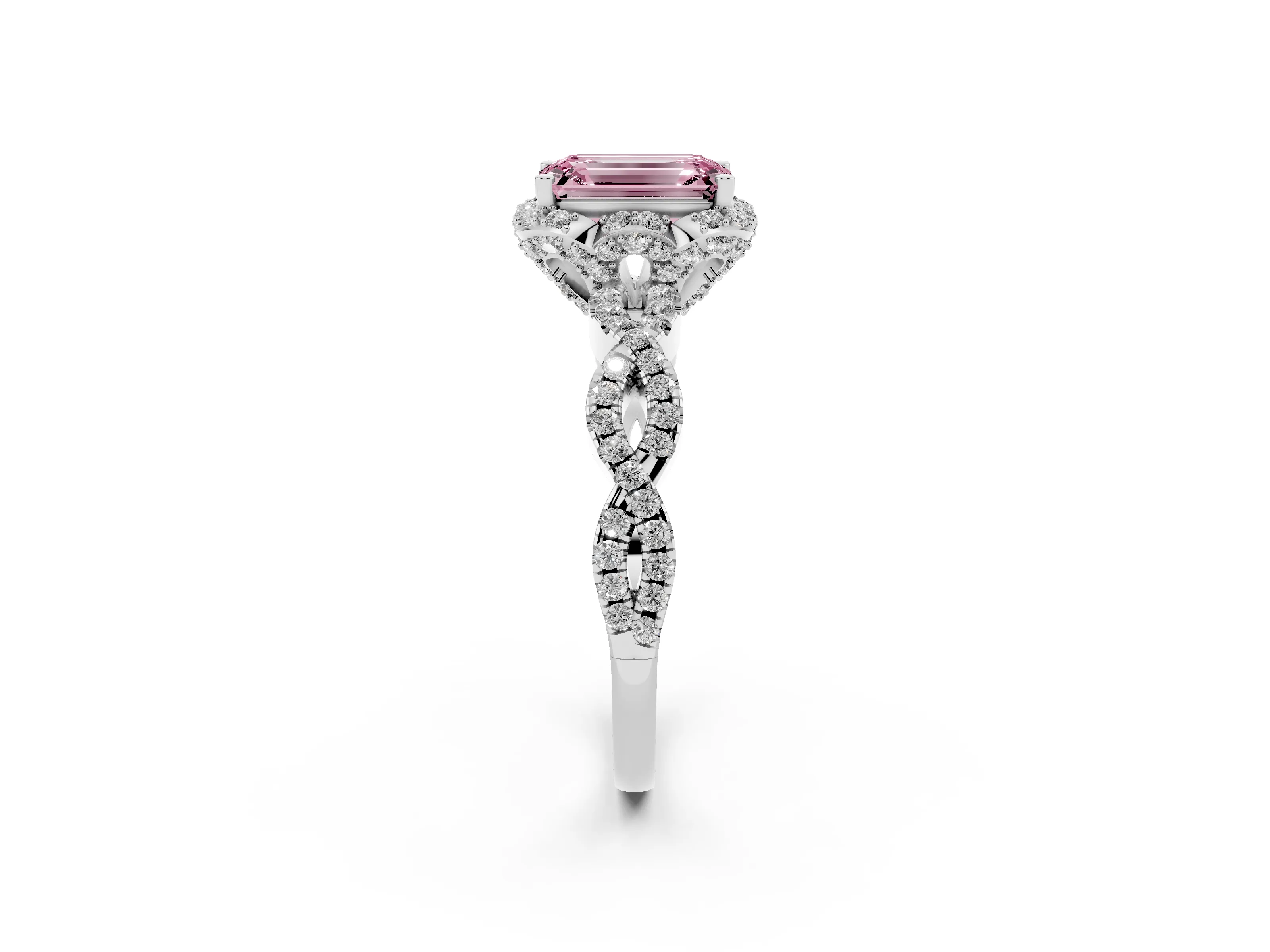 Fancy Pink Emerald Cut Diamond Halo Twist Band Solitaire Ring Set in Platinum with Prong-Set Center Stone