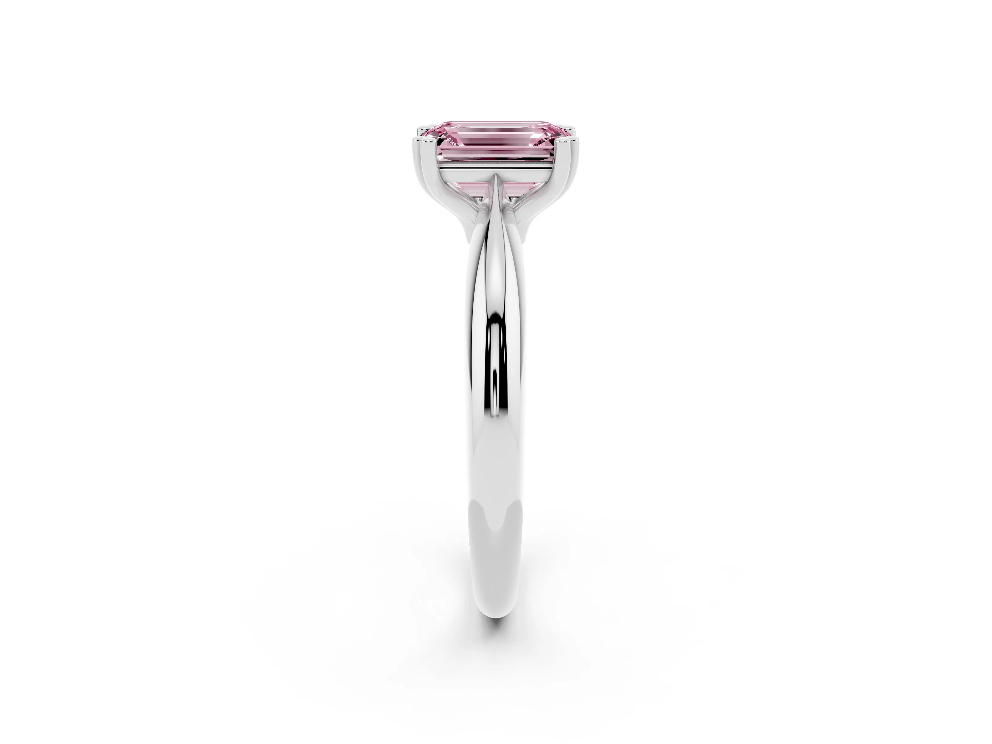 Fancy Pink Emerald Cut Diamond Solitaire Engagement Ring Set in Silver with Tapered Band and Prong Setting