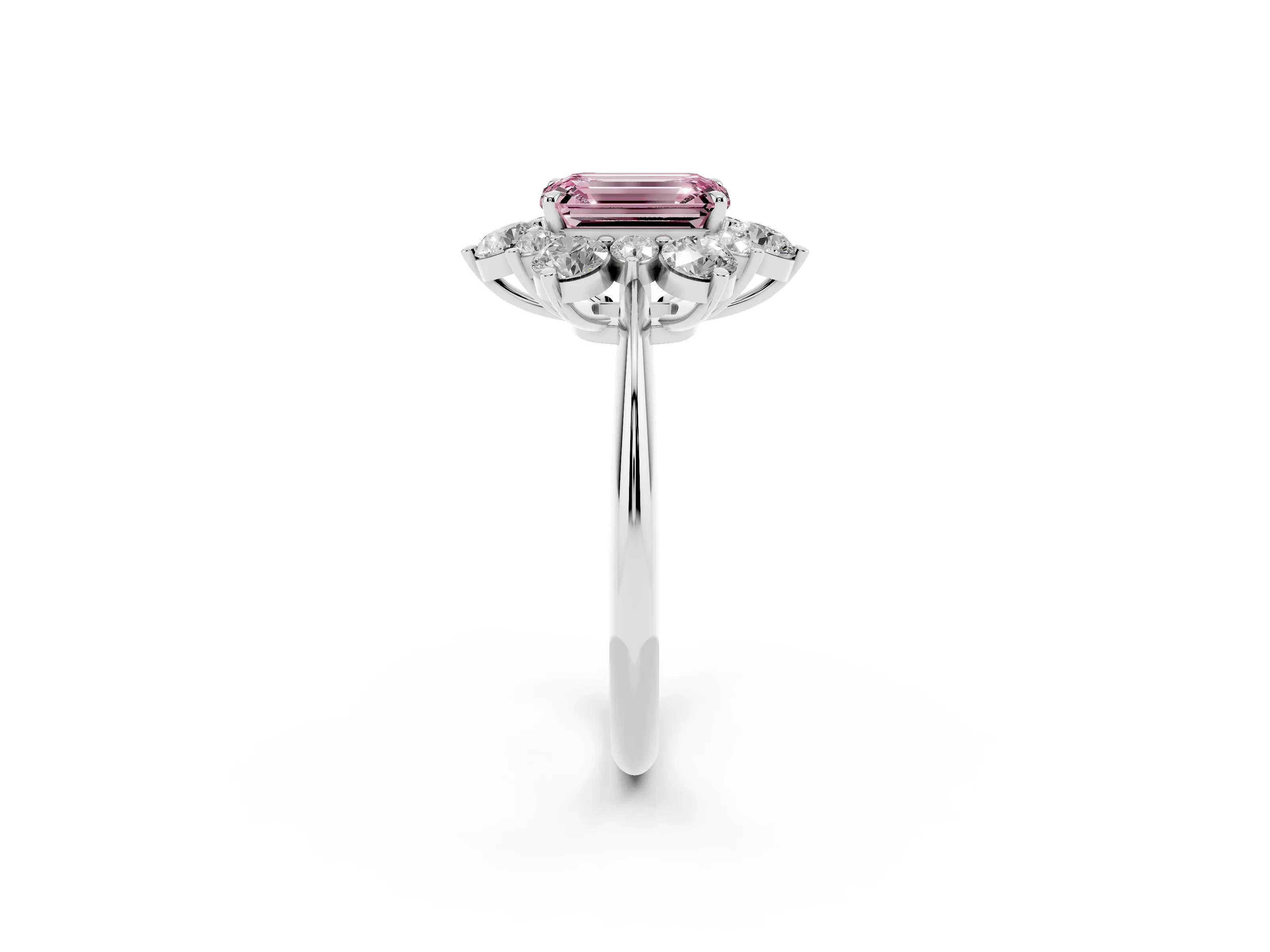 Fancy Pink Emerald Cut Diamond Cluster Halo Ring Set in White gold with Solitaire Band and Prong Setting