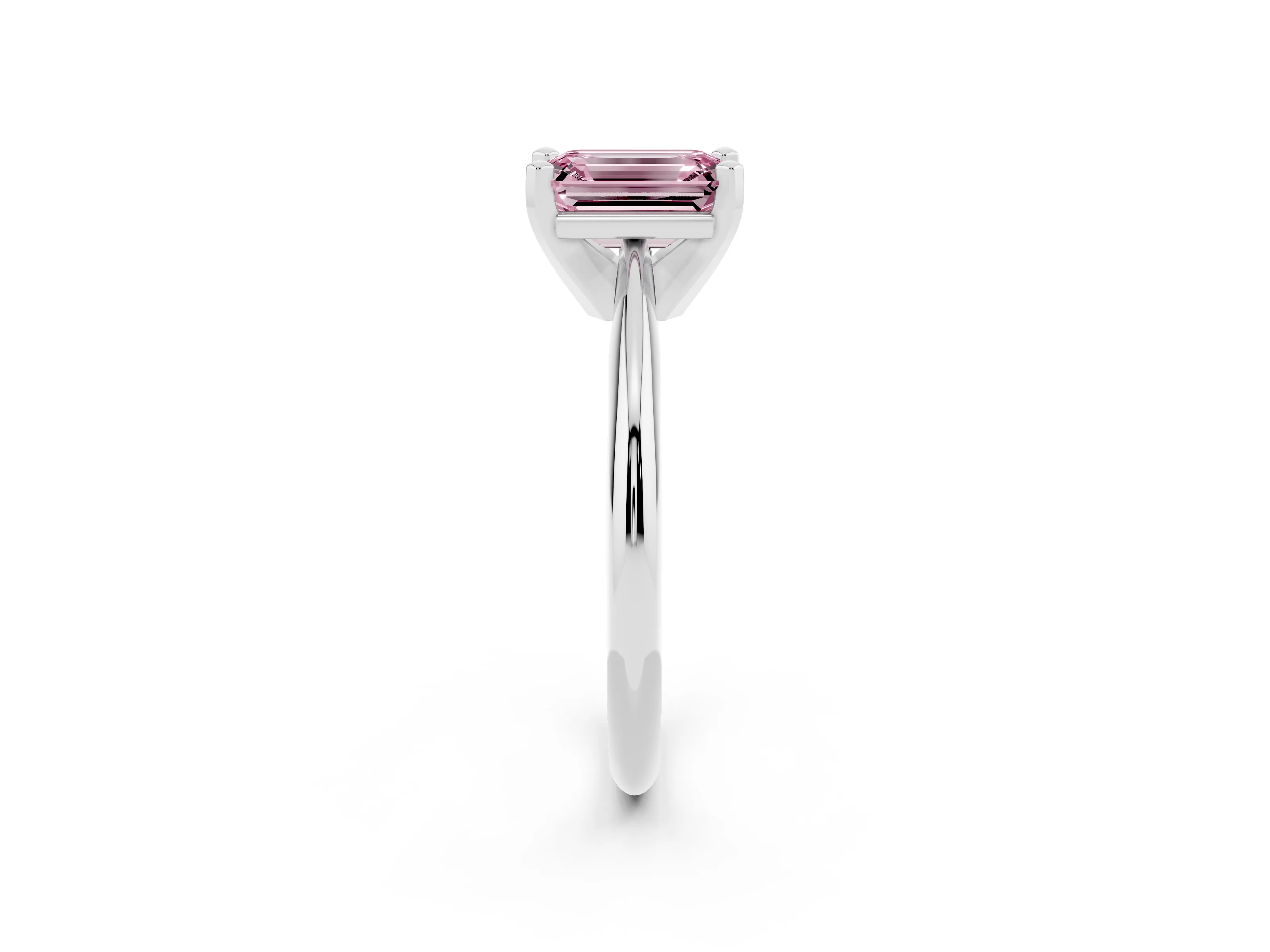 Fancy Pink Emerald Cut Diamond Solitaire Ring Set in Silver with Prong Setting on a Plain Round Band