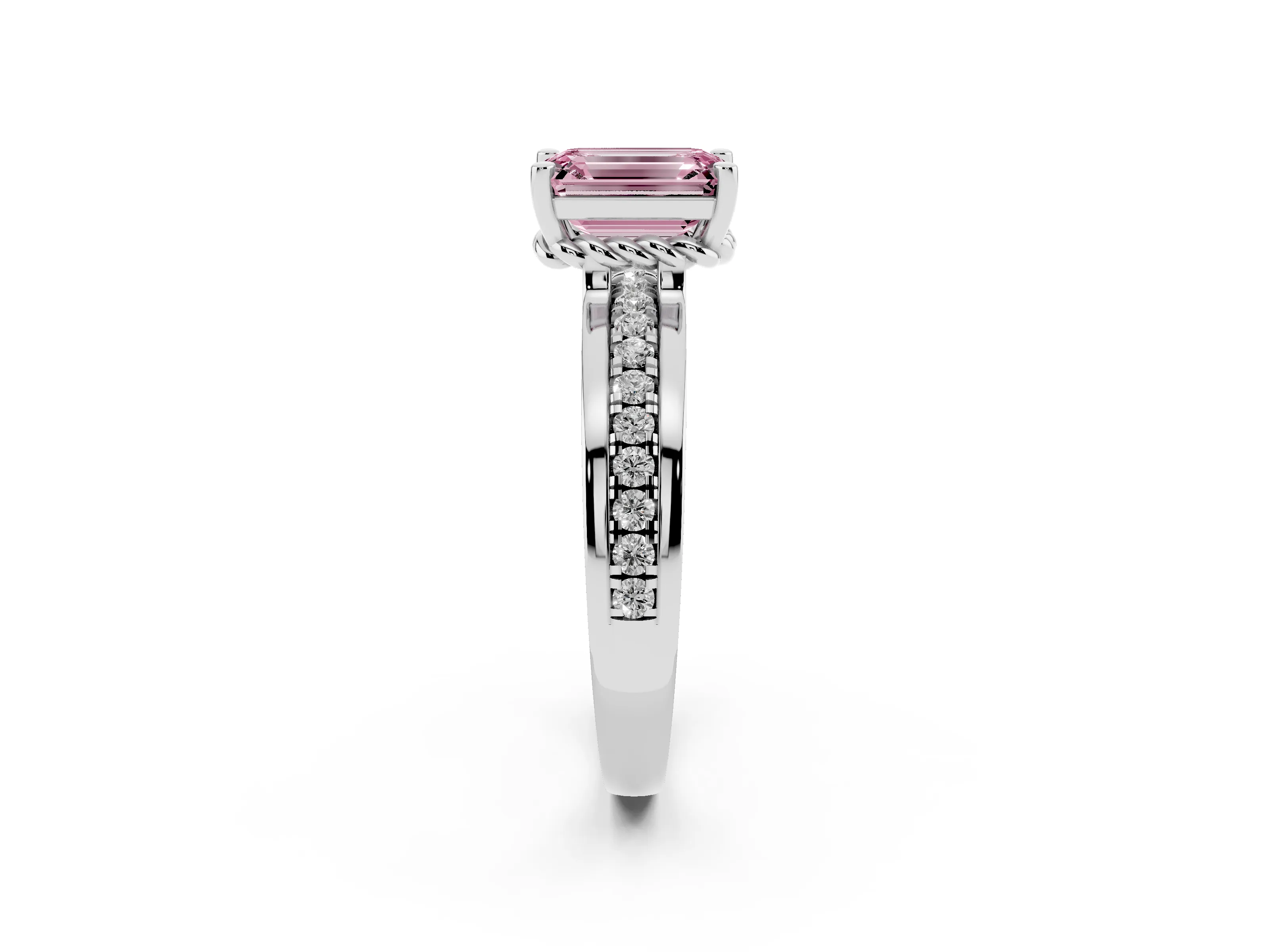 Fancy Pink Emerald Cut Diamond Solitaire Ring Set in Silver with Channel Set Band and Prong Setting