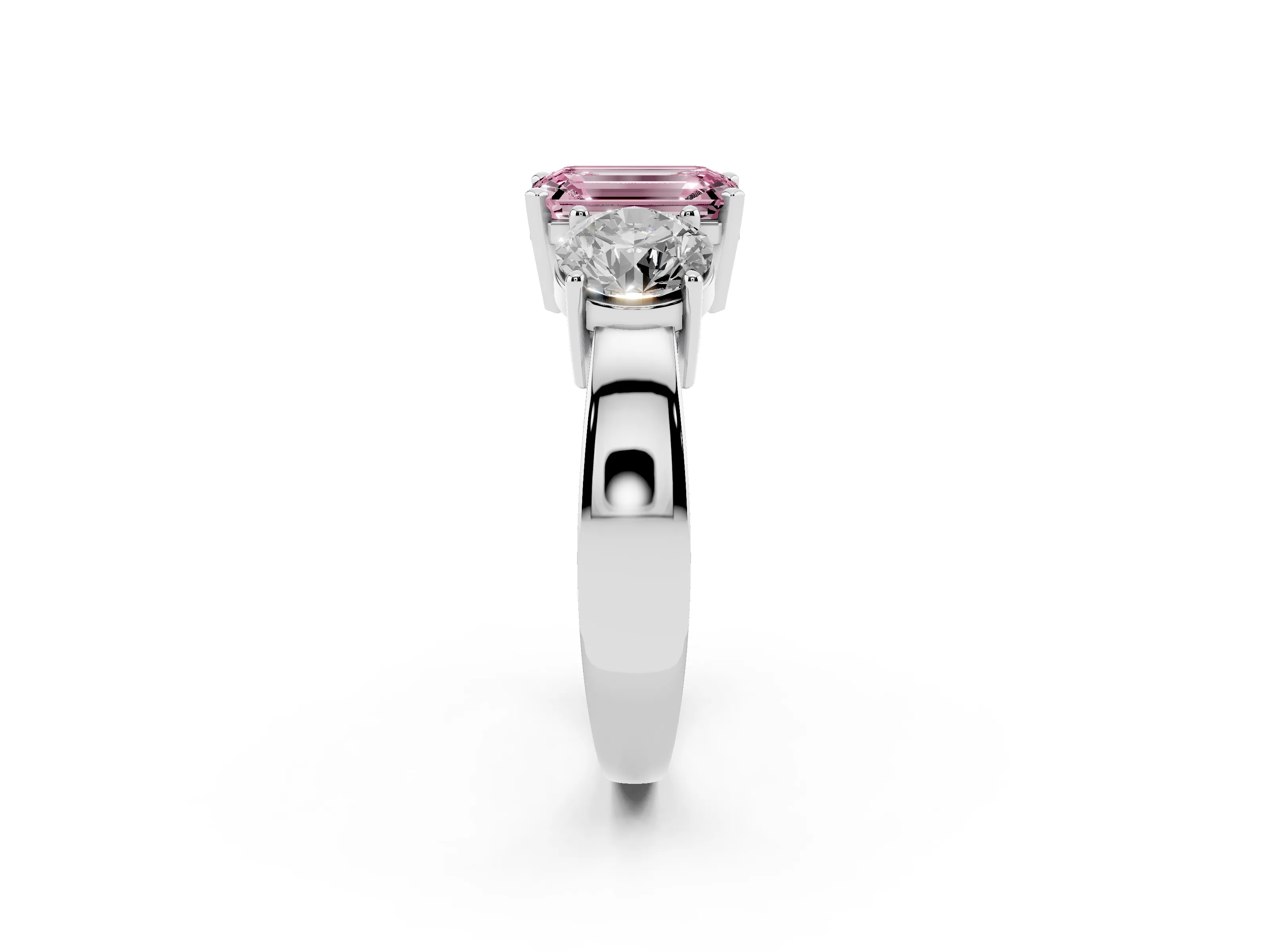 Fancy Pink Emerald Cut Diamond Three-Stone Ring Set in Silver with Round Side Stones and Classic Band