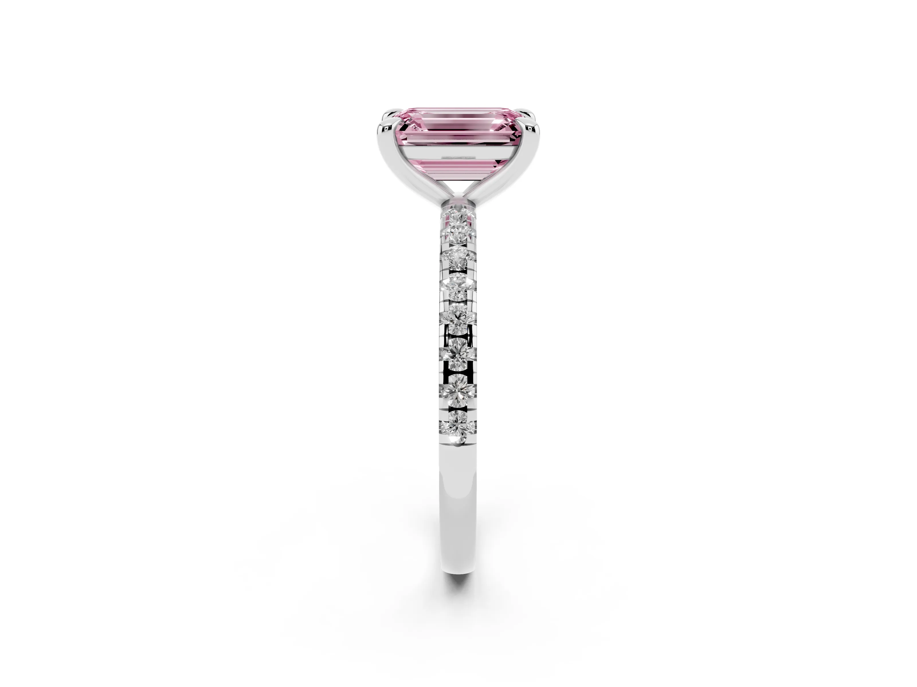 Fancy Pink Emerald Cut Diamond Brilliant Solitaire Ring Set in White gold with Pavé Band and Prong Setting