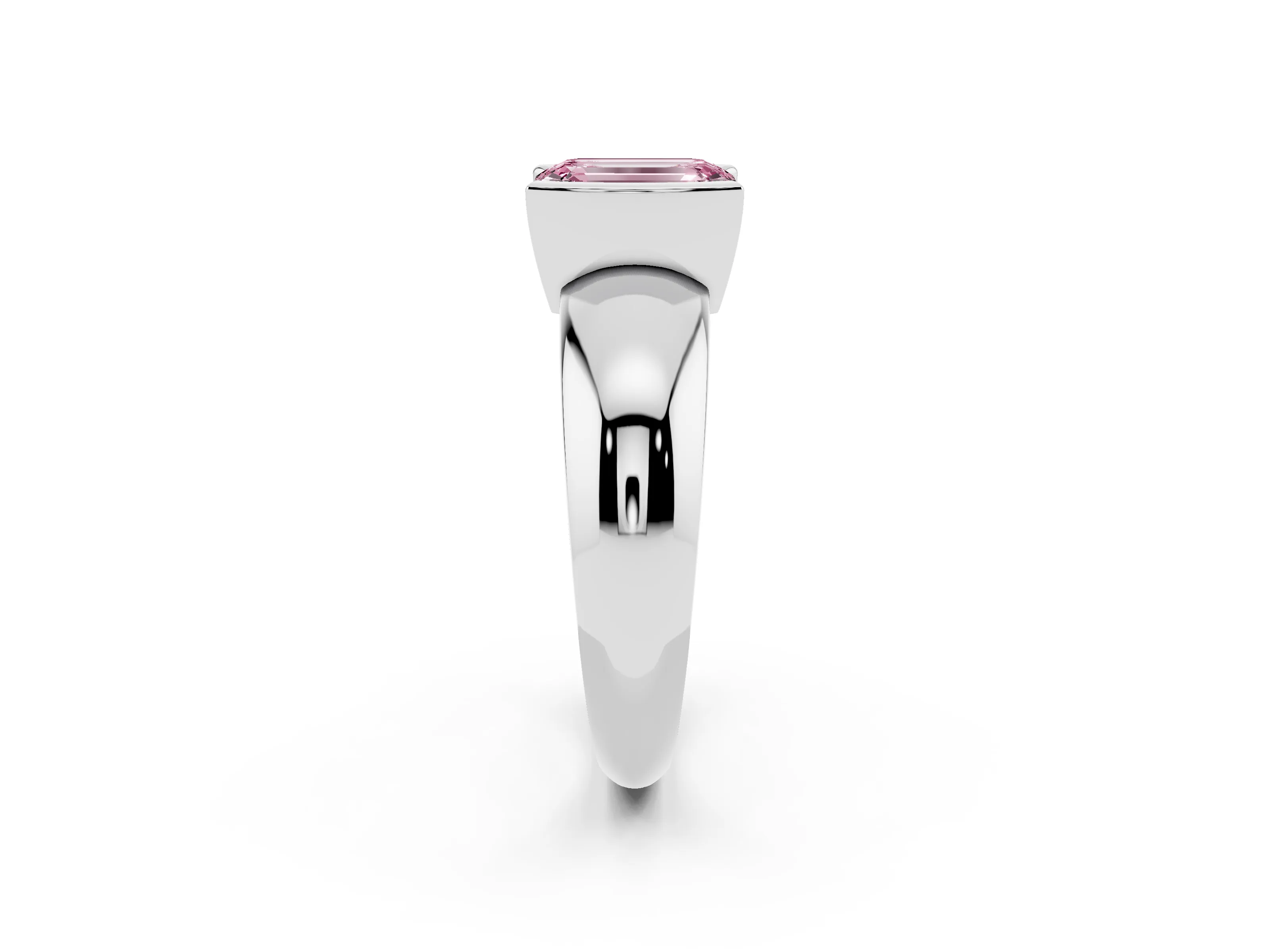 Fancy Pink Emerald Cut Diamond Solitaire Tension Set Ring Set in White gold with Wide Band