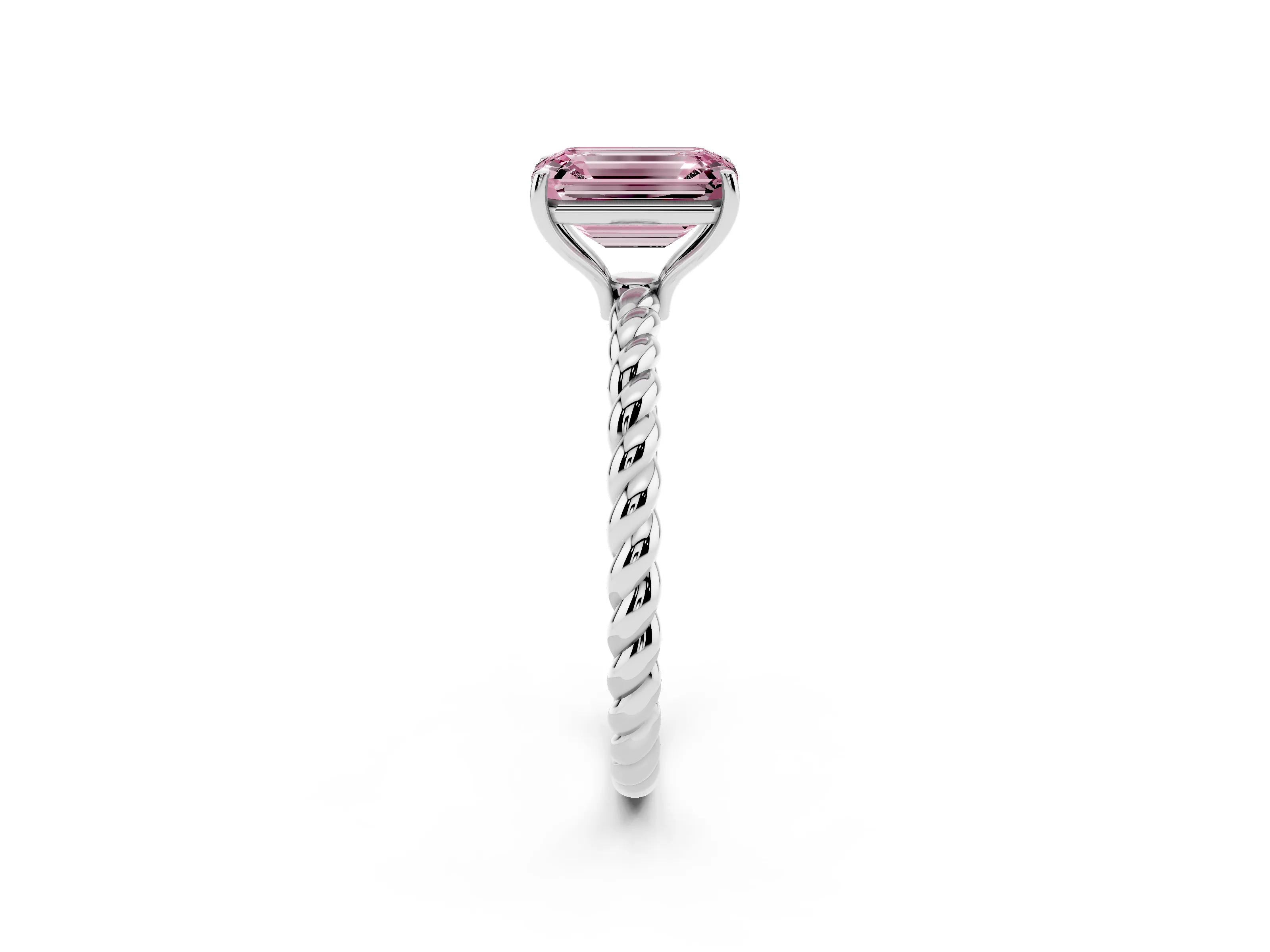 Fancy Pink Emerald Cut Diamond Solitaire Ring Set in White gold with Twist Band and Prong Setting