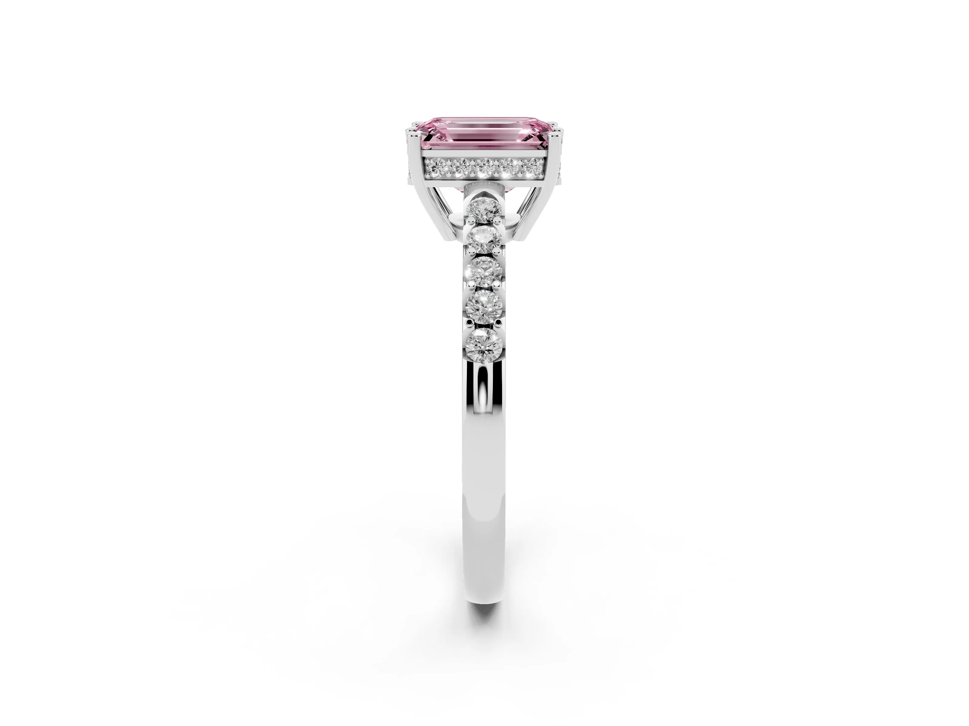Fancy Pink Emerald Cut Diamond Solitaire Engagement Ring Set in Silver with Pavé Band and Prong Setting