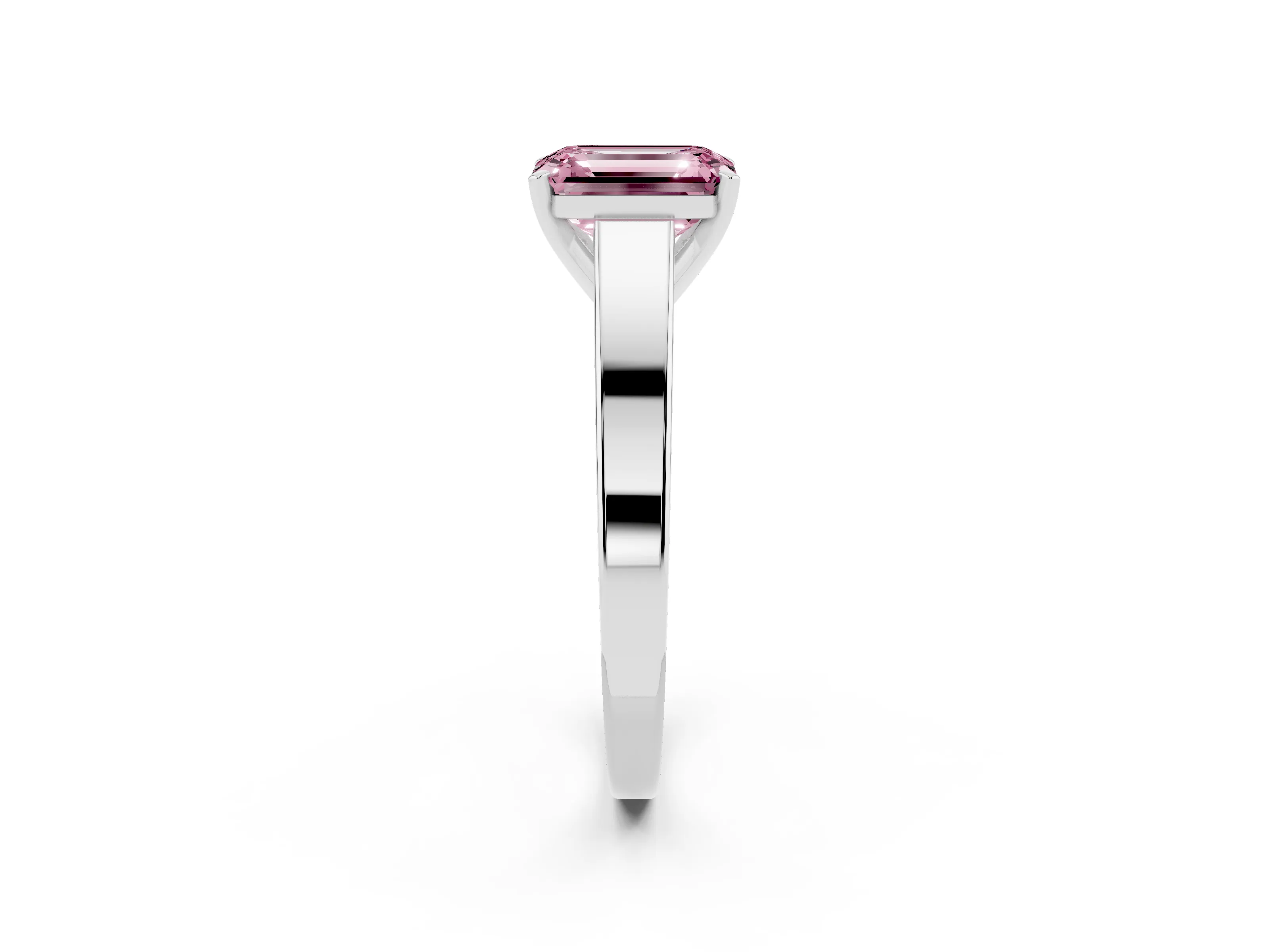 Fancy Pink Emerald Cut Diamond Solitaire Engagement Ring Set in White gold with Prong Setting and Tapered Band