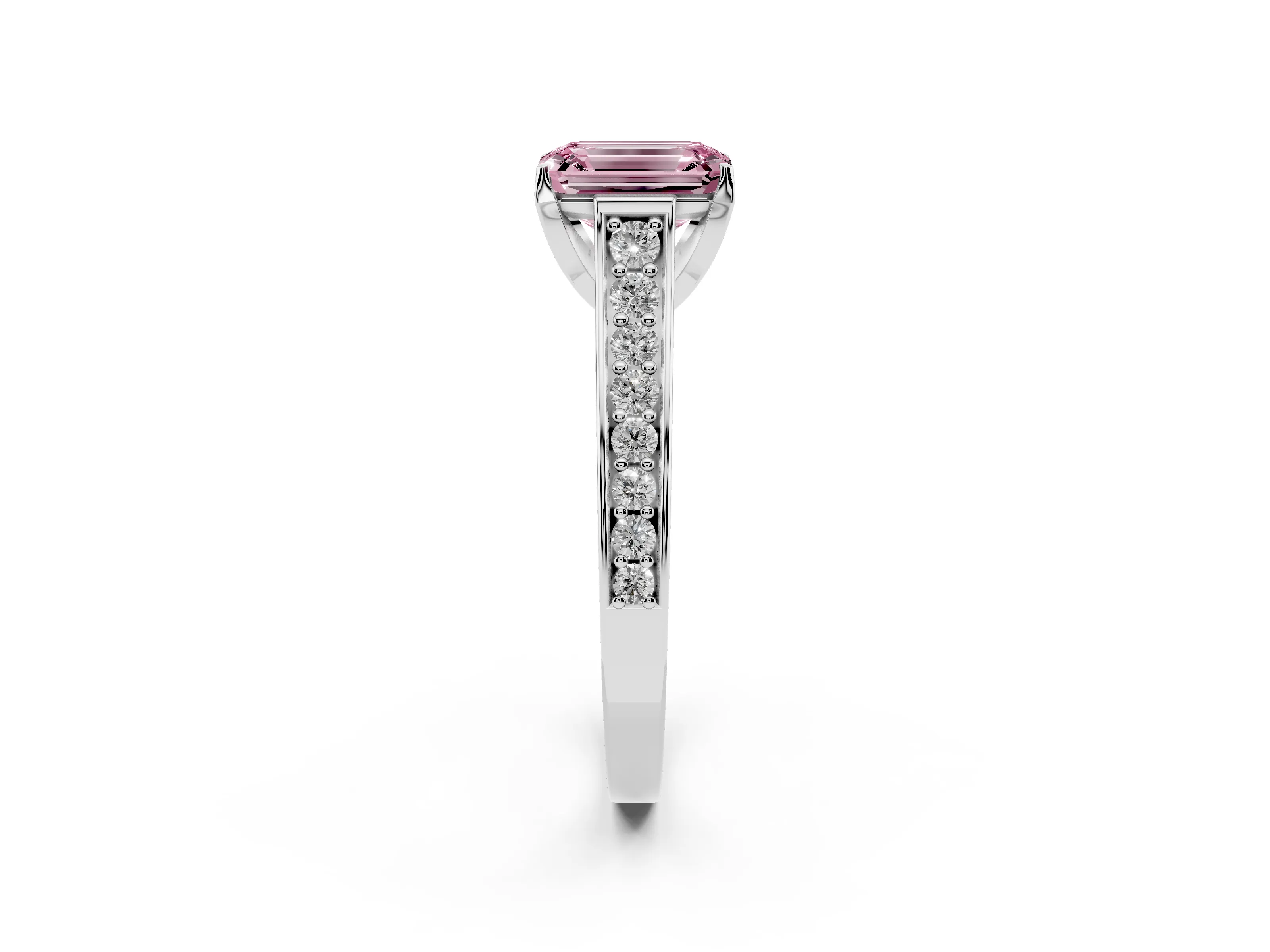 Fancy Pink Emerald Cut Diamond Solitaire Pavé Engagement Ring Set in White gold with Prong Setting
