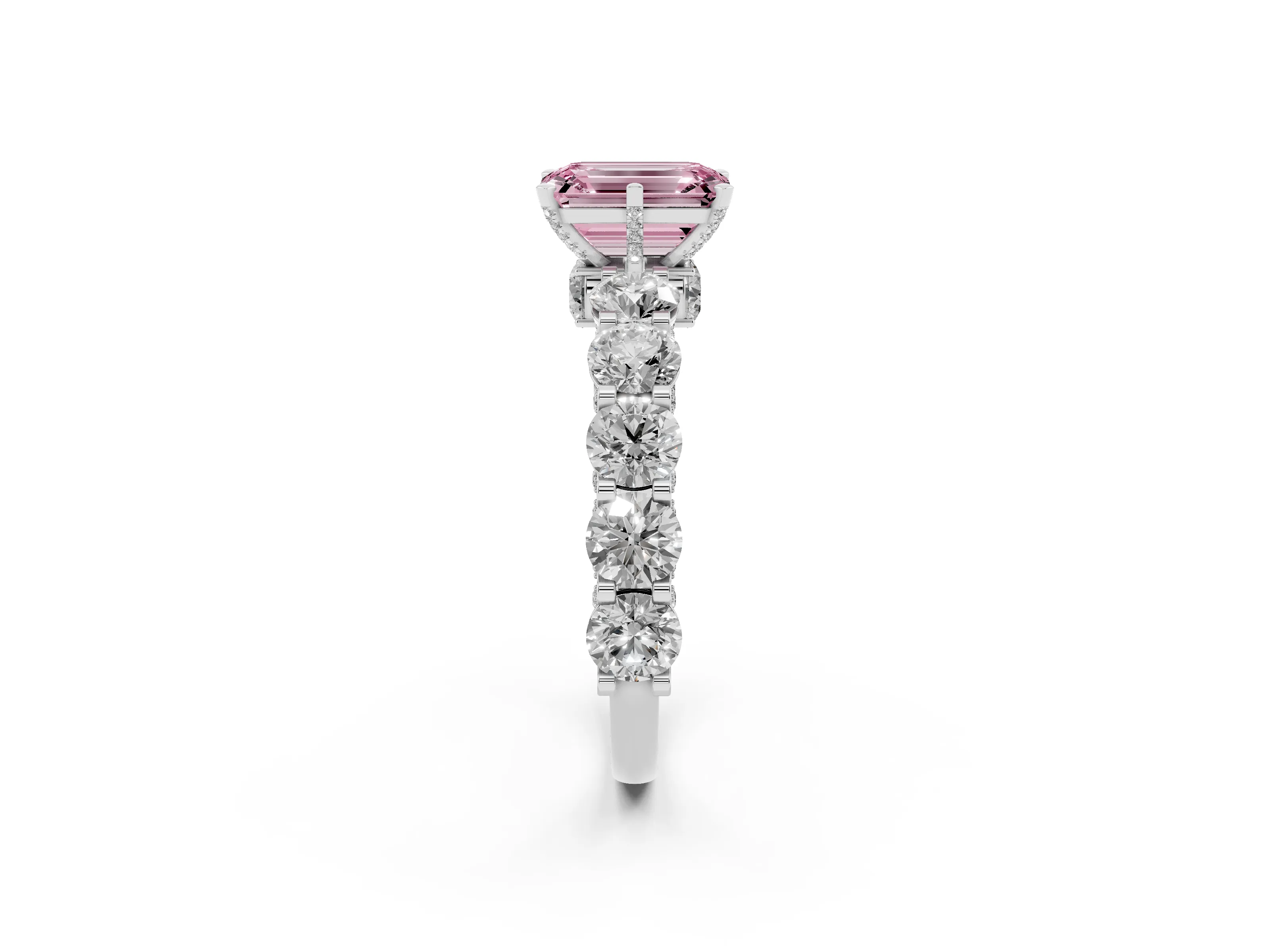 Fancy Pink Emerald Cut Diamond Side Stone Ring Set in White gold with Alternating Round and Oval Side Stones