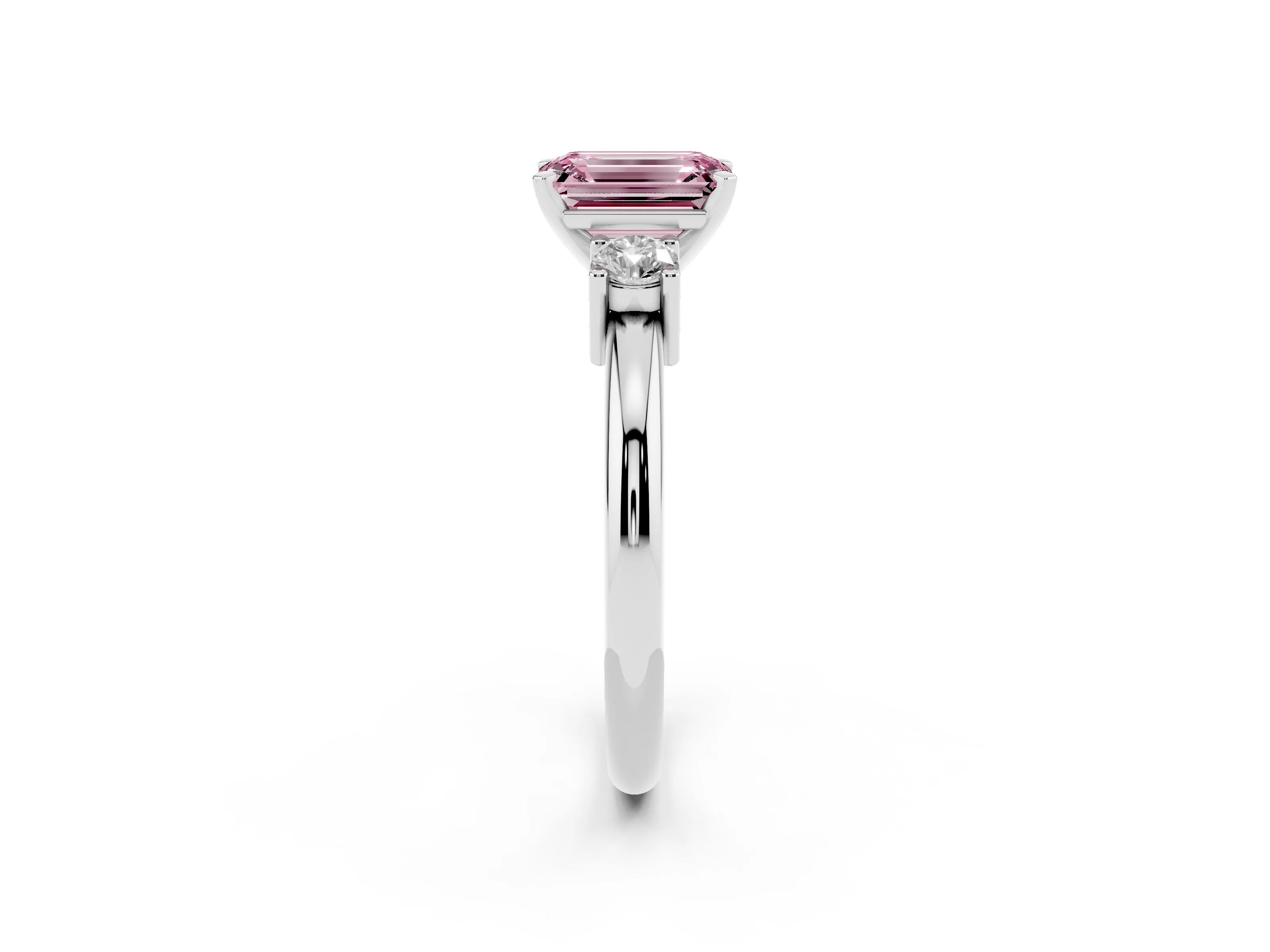 Fancy Pink Three-Stone Emerald Cut Diamond Ring Set in Silver with Prong Setting and Plain Band