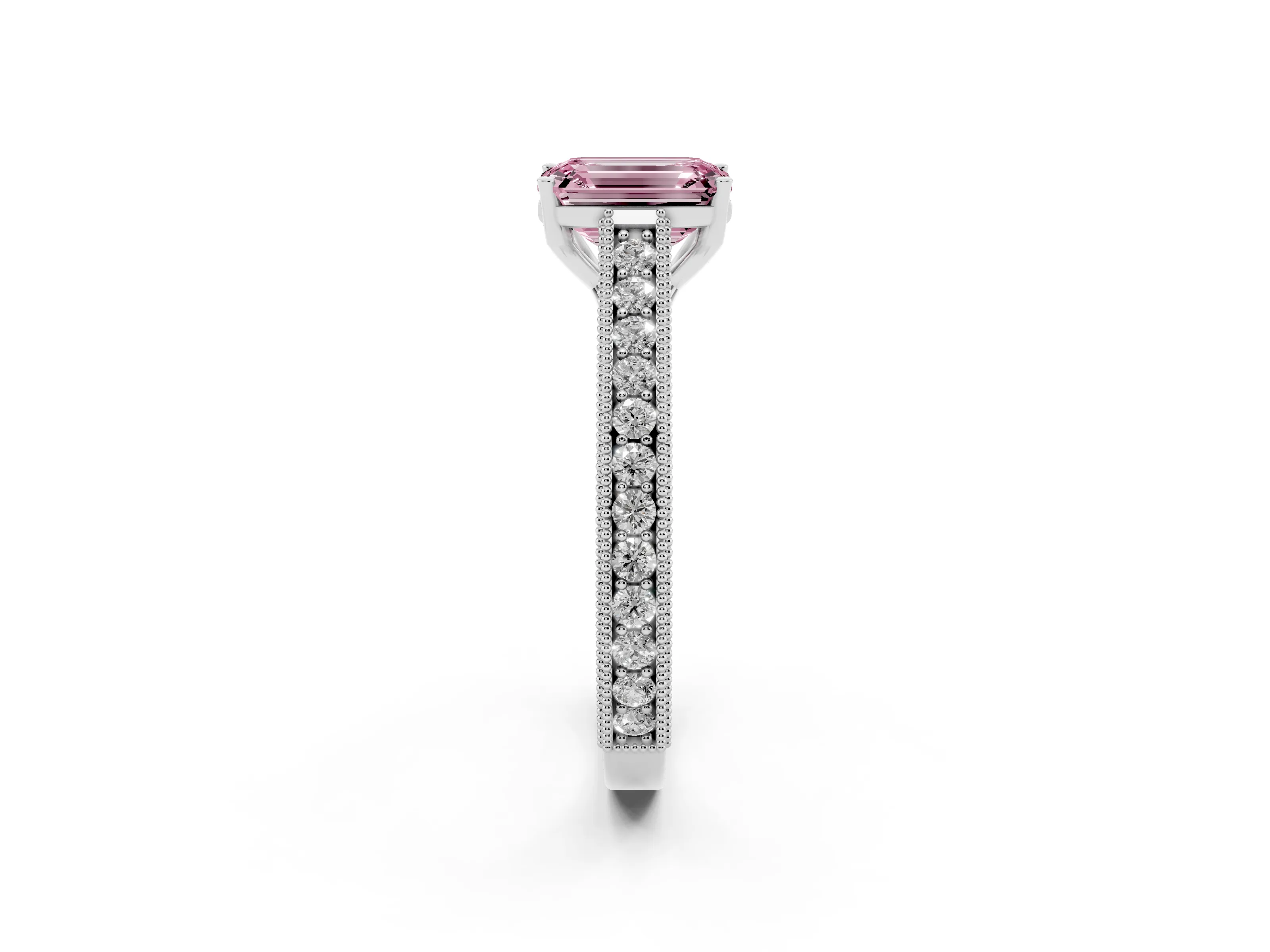 Fancy Pink Emerald Cut Diamond Milgrain Pavé Band Solitaire Ring Set in White gold with Prong Setting