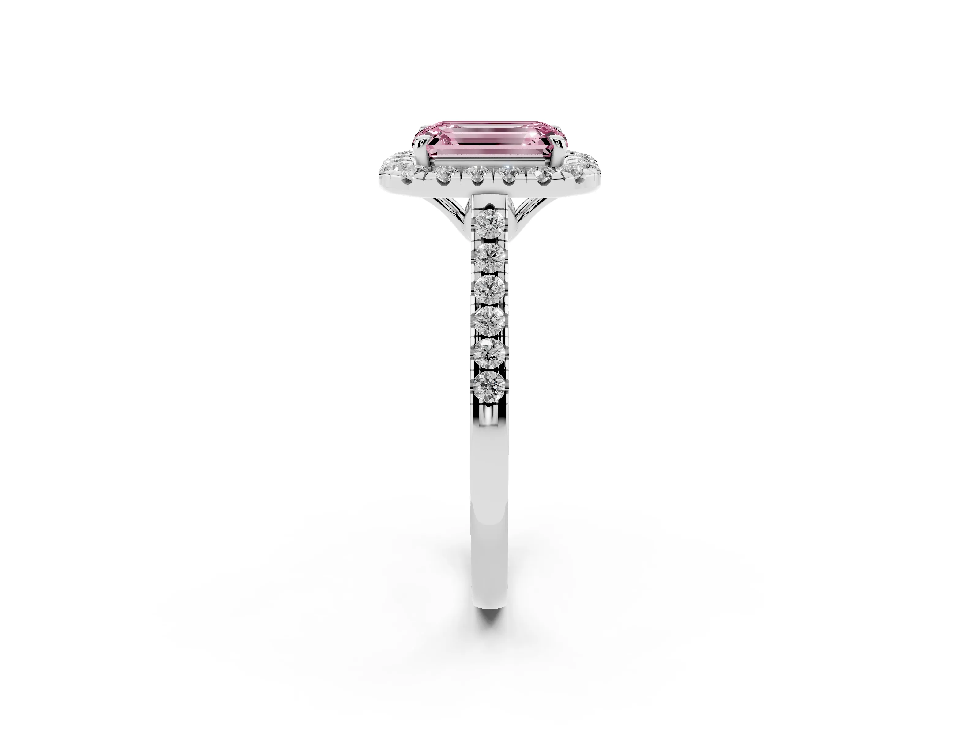 Fancy Pink Emerald Cut Diamond Pavé Halo Engagement Ring Set in White gold with Pavé Band and Prong Setting