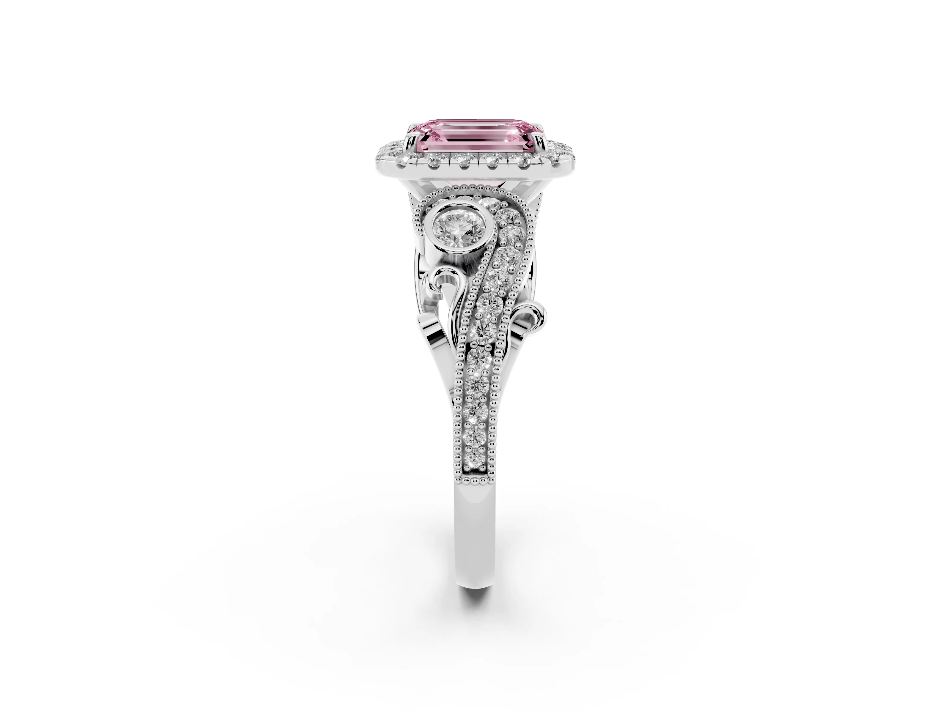 Fancy Pink Emerald Cut Diamond Halo Ring Set in Silver with Milgrain Pavé Band and Prong Setting
