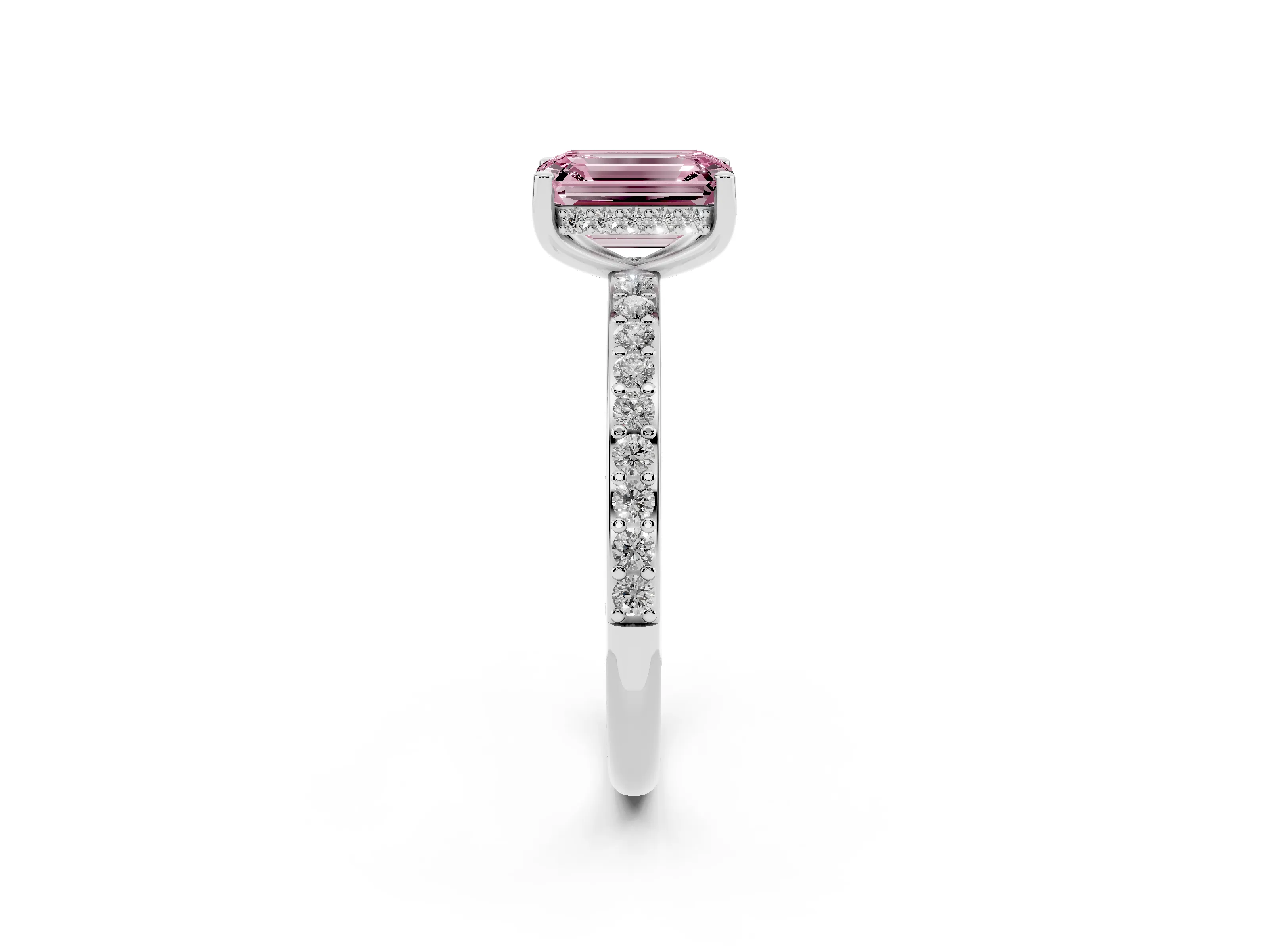 Fancy Pink Emerald Cut Diamond Pavé Band Ring Set in Platinum with Prong-Set Center Stone