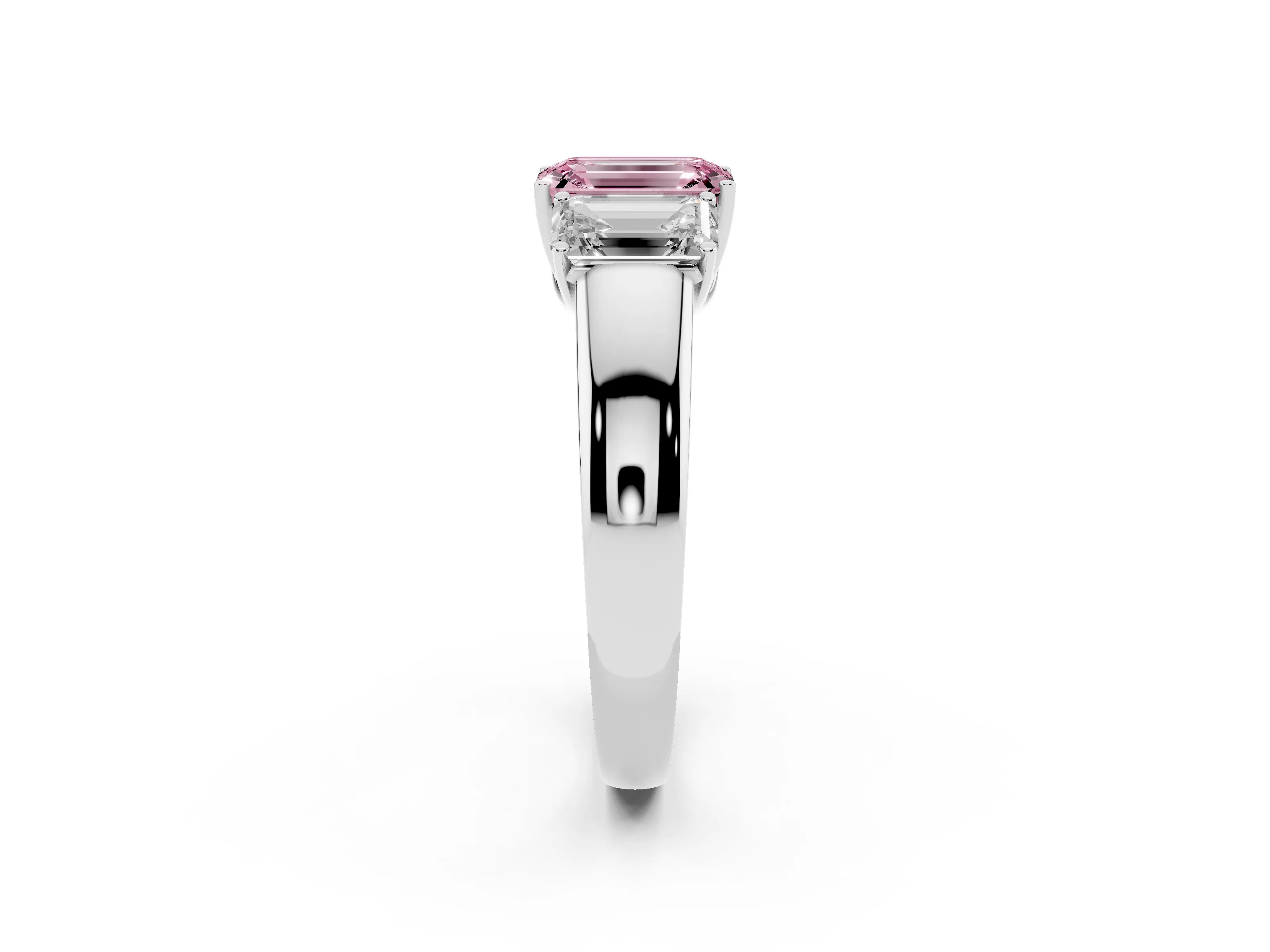 Fancy Pink Three-Stone Emerald Cut Diamond Ring Set in White gold with Matching Prong Settings and Plain Band
