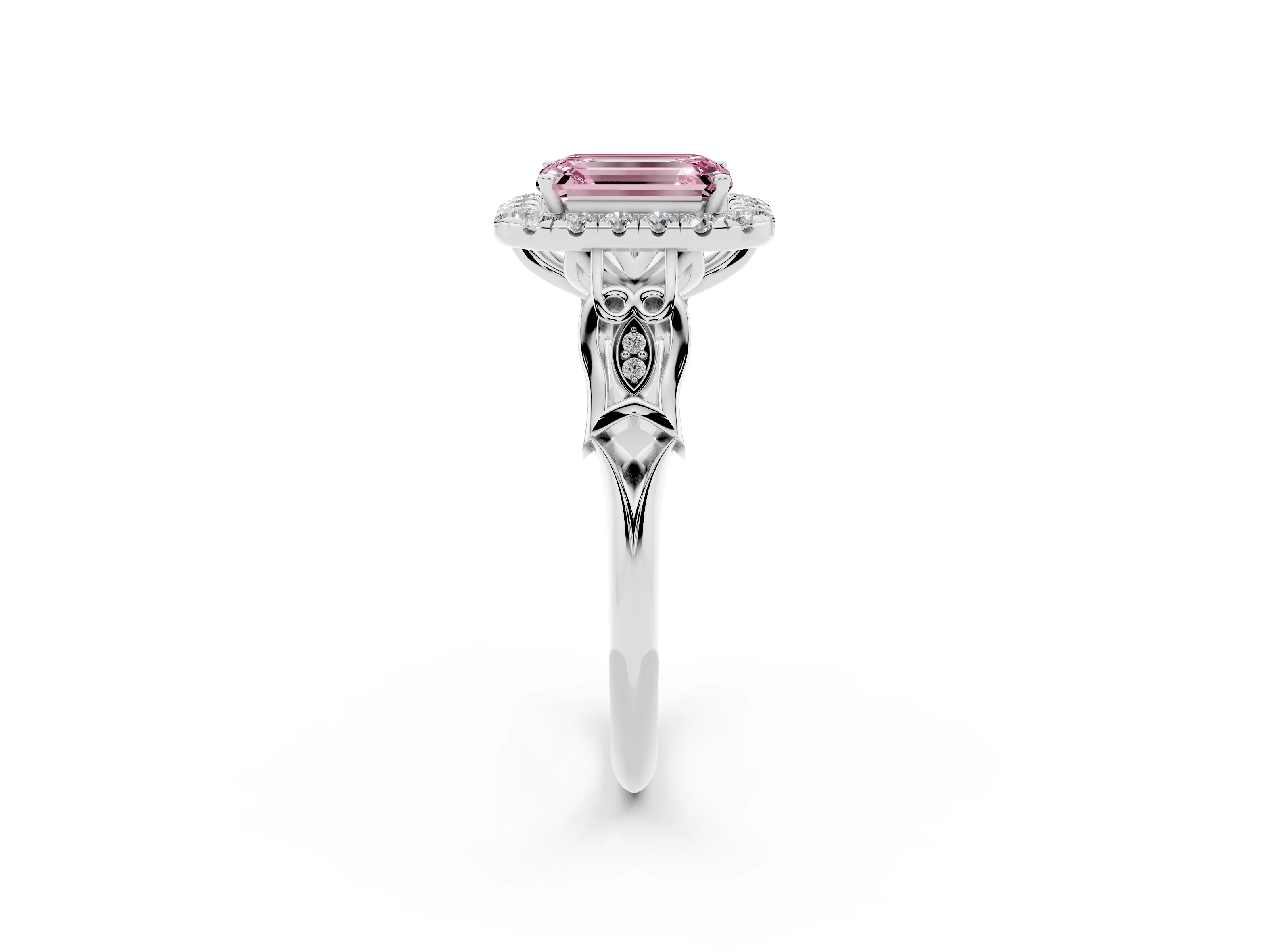 Fancy Pink Emerald Cut Diamond Halo Engagement Ring Set in Platinum with Filigree Band and Prong-Set Center