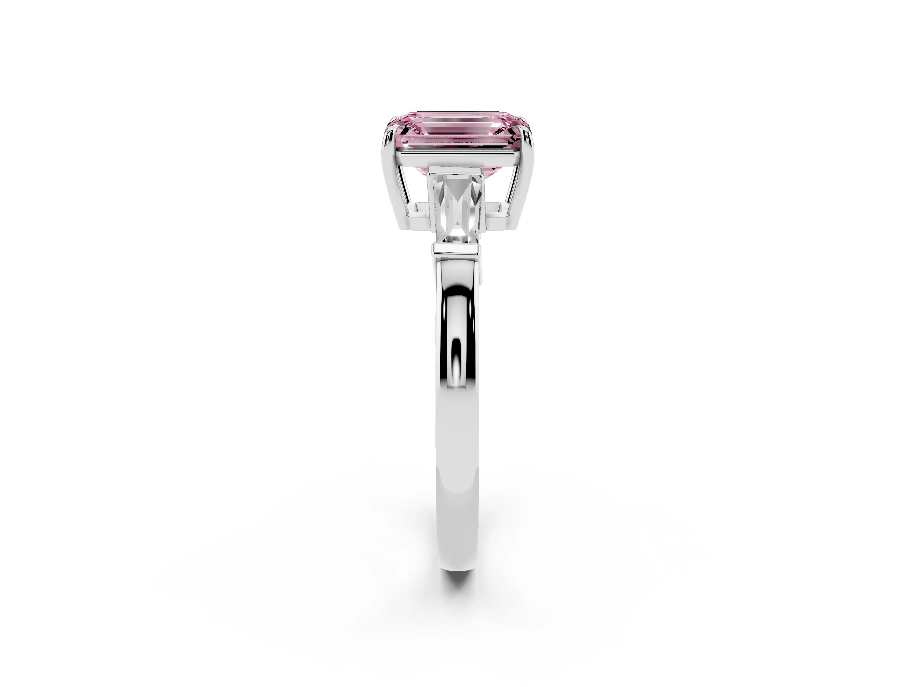 Fancy Pink Emerald Cut Diamond Three-Stone Ring Set in Platinum with Tapered Baguette Side Stones and Prong Setting